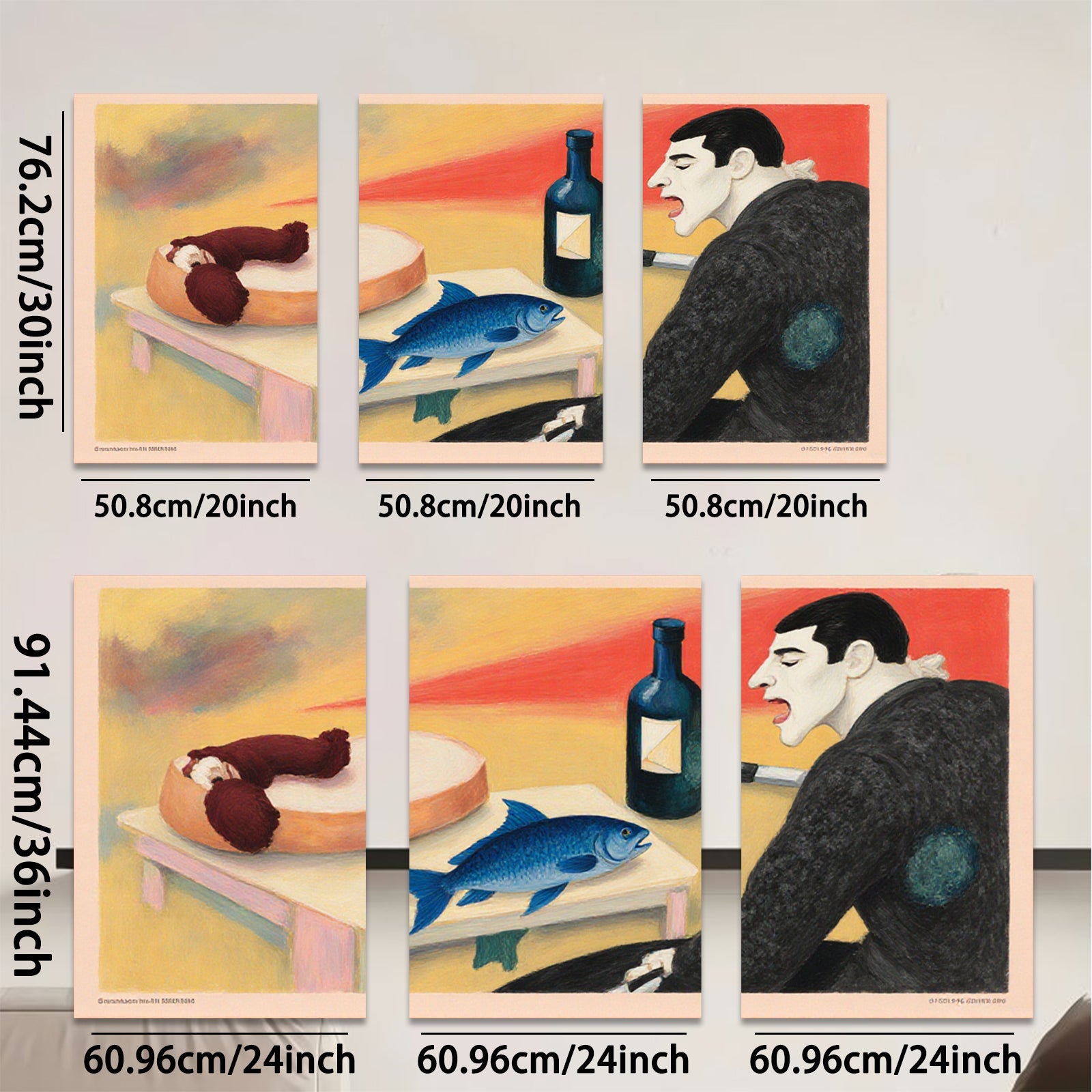 2D flat 1pc Surreal Still Life with Fish Fruit Wine Gallery Wall Art Modern Farmhouse Decor Living Room Bedroom Office