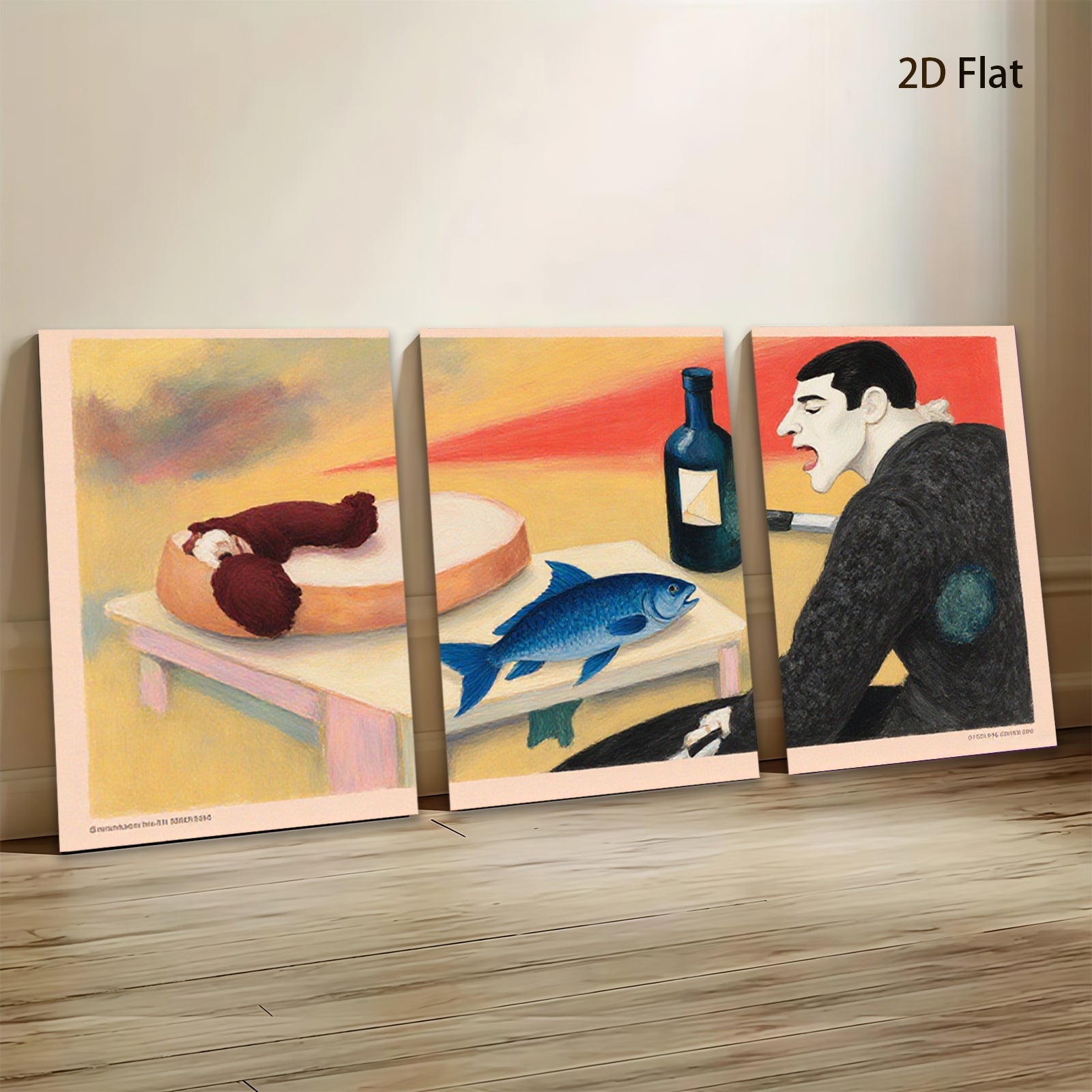 2D flat 1pc Surreal Still Life with Fish Fruit Wine Gallery Wall Art Modern Farmhouse Decor Living Room Bedroom Office