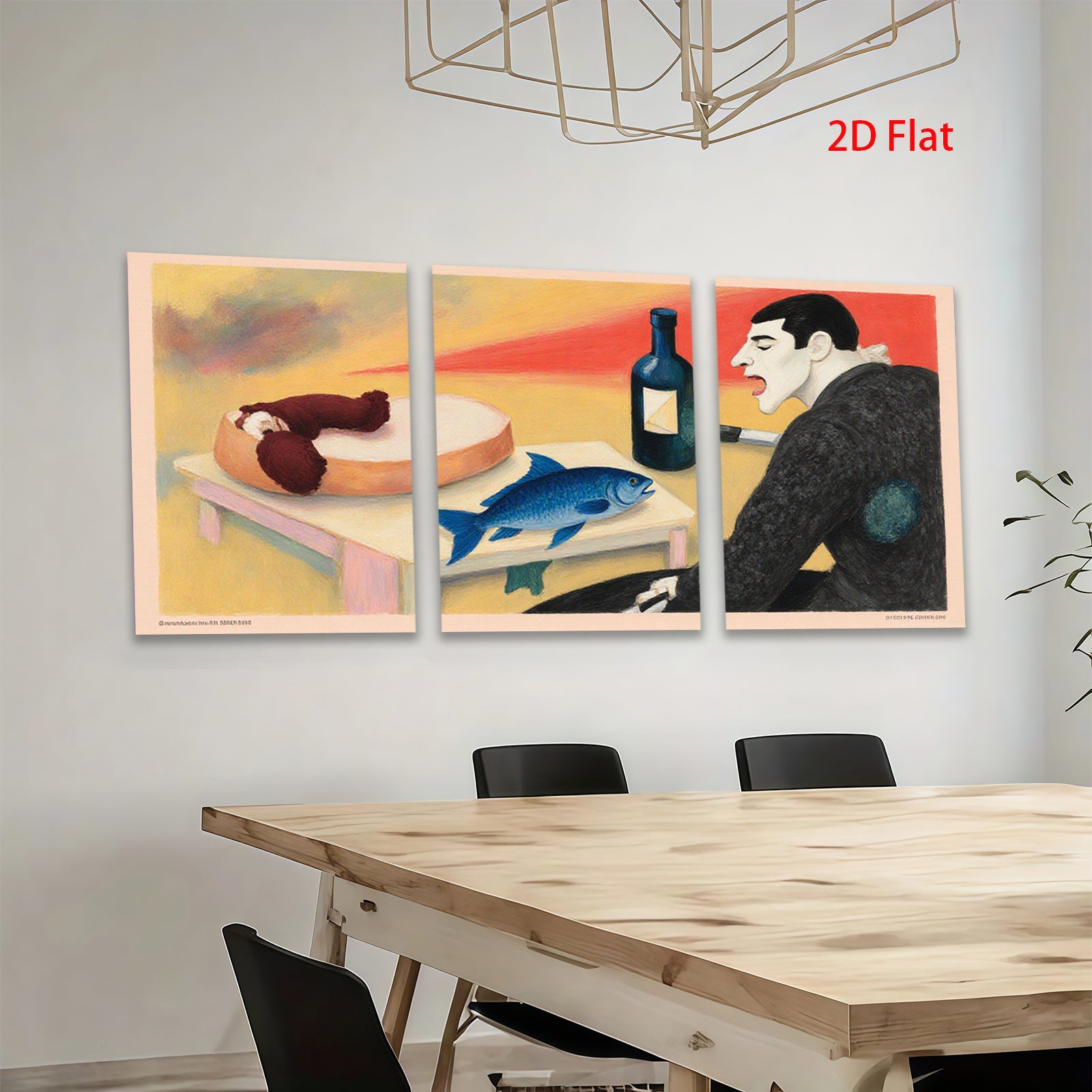 2D flat 1pc Surreal Still Life with Fish Fruit Wine Gallery Wall Art Modern Farmhouse Decor Living Room Bedroom Office