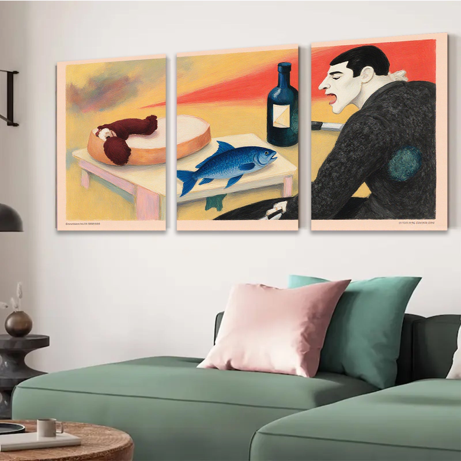 2D flat 1pc Surreal Still Life with Fish Fruit Wine Gallery Wall Art Modern Farmhouse Decor Living Room Bedroom Office