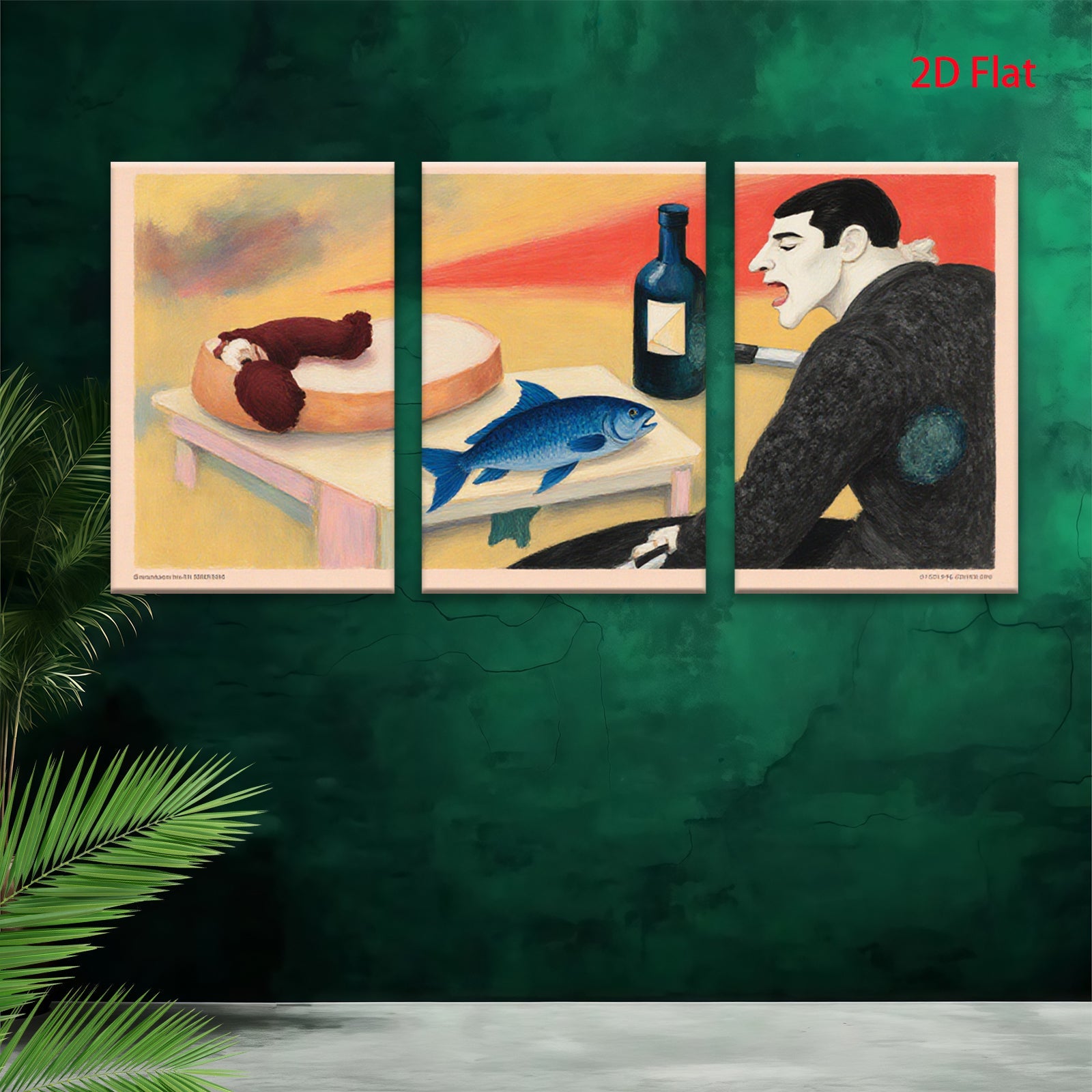 2D flat 1pc Surreal Still Life with Fish Fruit Wine Gallery Wall Art Modern Farmhouse Decor Living Room Bedroom Office