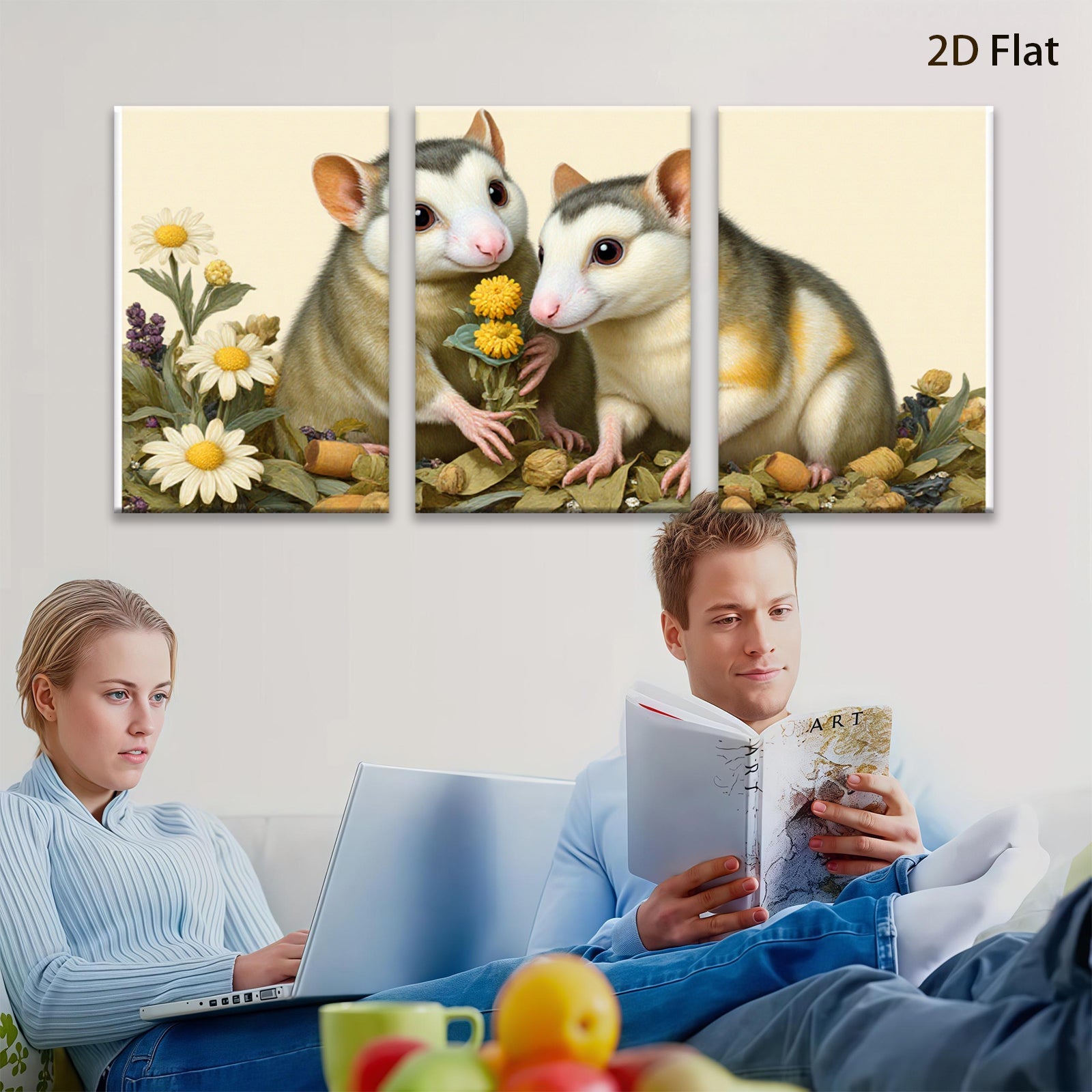 2D flat 1pc Sweet Hamster Duo Floral Bouquet Farmhouse Wall Art Living Room Bedroom Decor Gallery Wrapped Canvas Prints for Home Modern Rustic Aesthetic