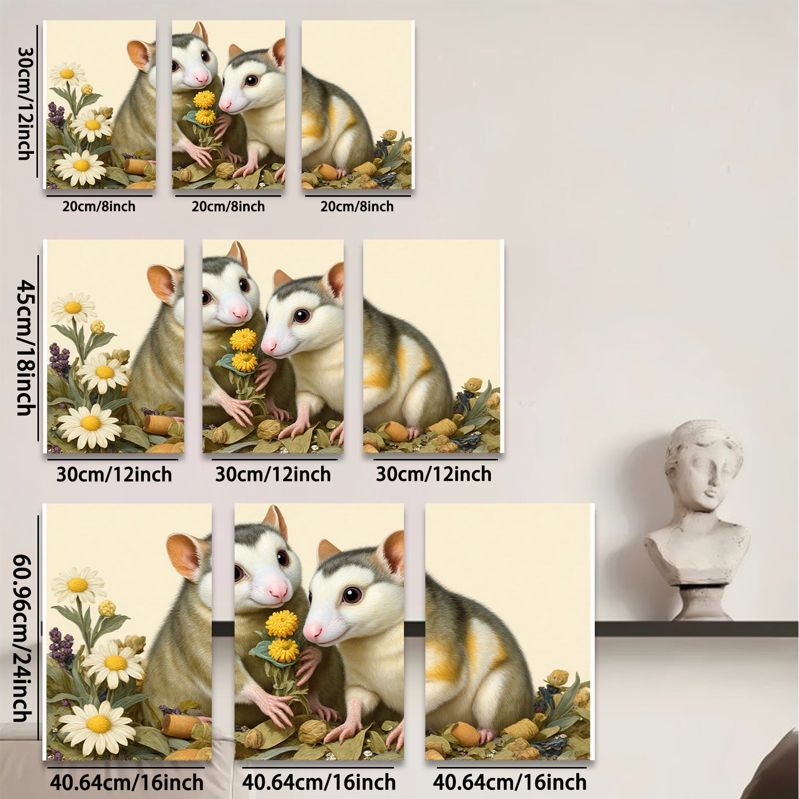 2D flat 1pc Sweet Hamster Duo Floral Bouquet Farmhouse Wall Art Living Room Bedroom Decor Gallery Wrapped Canvas Prints for Home Modern Rustic Aesthetic