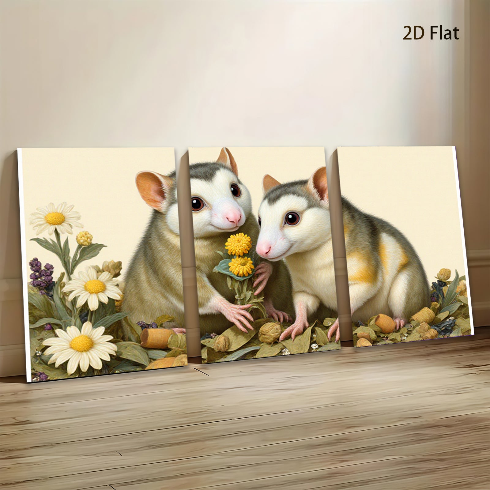 2D flat 1pc Sweet Hamster Duo Floral Bouquet Farmhouse Wall Art Living Room Bedroom Decor Gallery Wrapped Canvas Prints for Home Modern Rustic Aesthetic