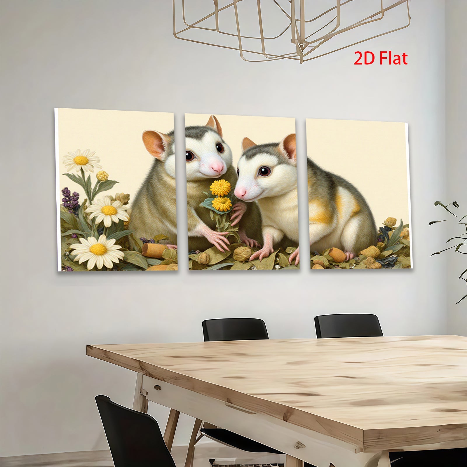 2D flat 1pc Sweet Hamster Duo Floral Bouquet Farmhouse Wall Art Living Room Bedroom Decor Gallery Wrapped Canvas Prints for Home Modern Rustic Aesthetic