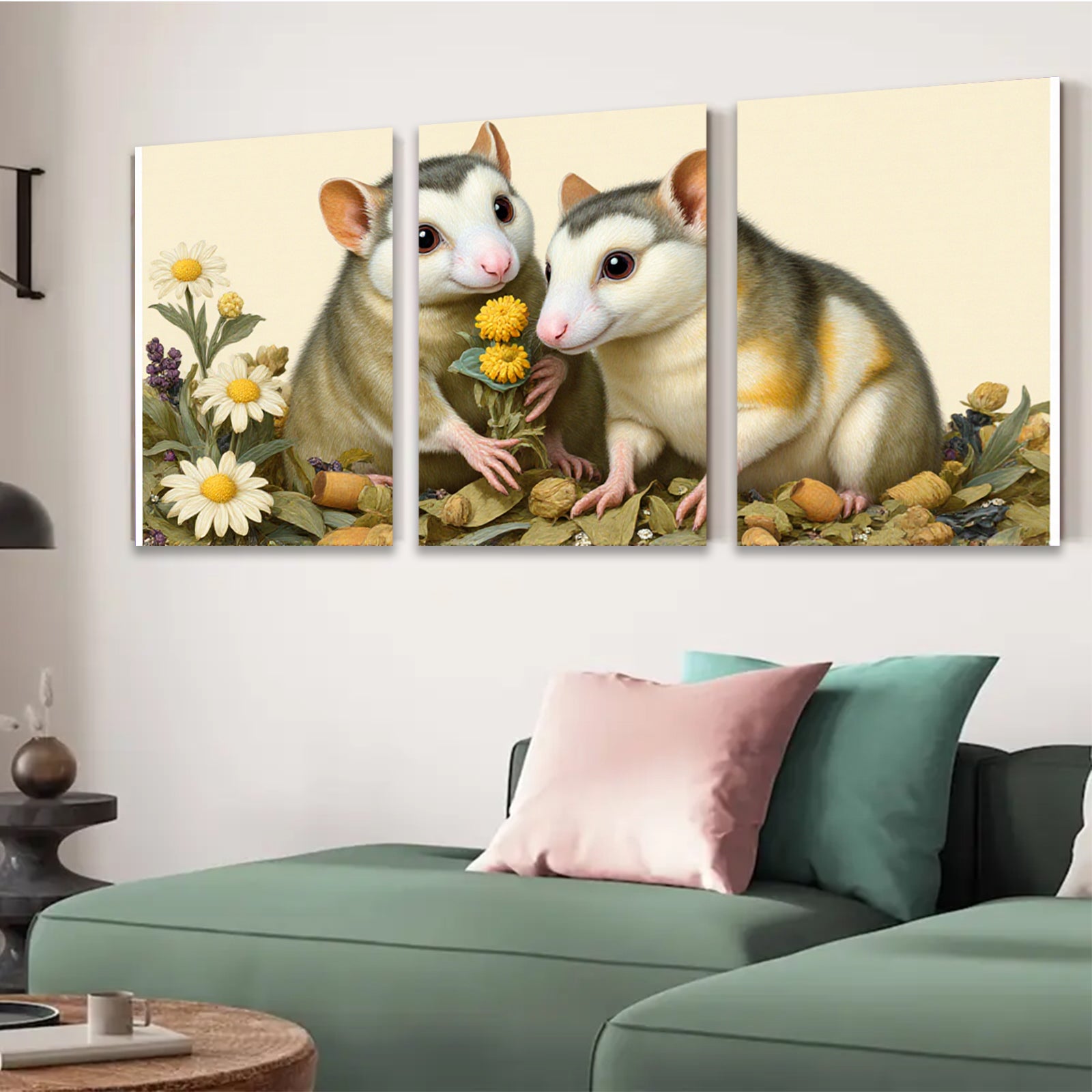 2D flat 1pc Sweet Hamster Duo Floral Bouquet Farmhouse Wall Art Living Room Bedroom Decor Gallery Wrapped Canvas Prints for Home Modern Rustic Aesthetic