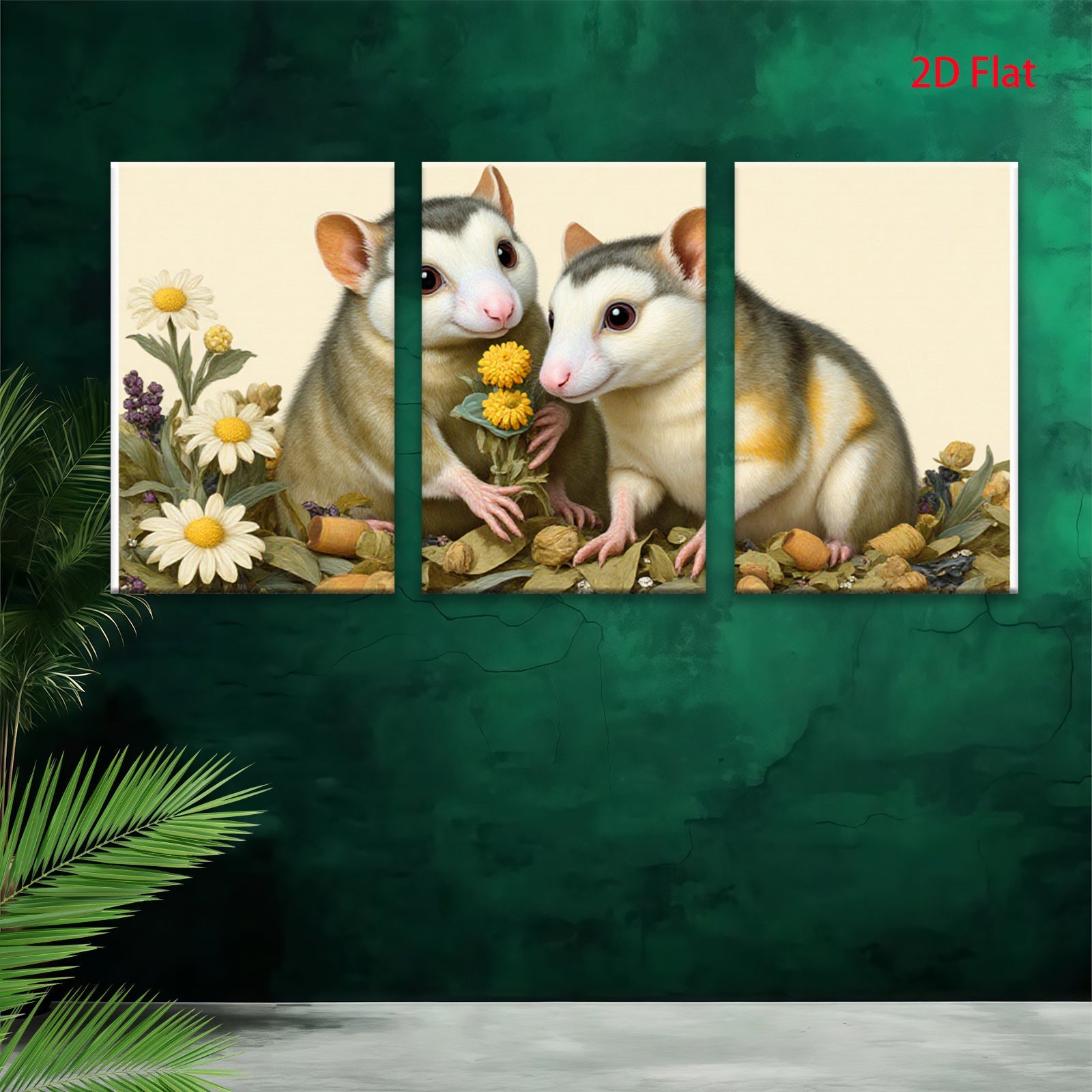 2D flat 1pc Sweet Hamster Duo Floral Bouquet Farmhouse Wall Art Living Room Bedroom Decor Gallery Wrapped Canvas Prints for Home Modern Rustic Aesthetic