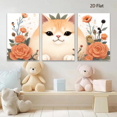 2D flat 1pc Sweet Kitten Floral Wall Art Canvas Prints for Living Room Bedroom Home Decor Modern Farmhouse Style Gallery Wrapped Ready to Hang