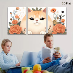 2D flat 1pc Sweet Kitten Floral Wall Art Canvas Prints for Living Room Bedroom Home Decor Modern Farmhouse Style Gallery Wrapped Ready to Hang
