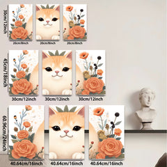 2D flat 1pc Sweet Kitten Floral Wall Art Canvas Prints for Living Room Bedroom Home Decor Modern Farmhouse Style Gallery Wrapped Ready to Hang