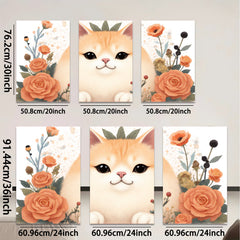 2D flat 1pc Sweet Kitten Floral Wall Art Canvas Prints for Living Room Bedroom Home Decor Modern Farmhouse Style Gallery Wrapped Ready to Hang