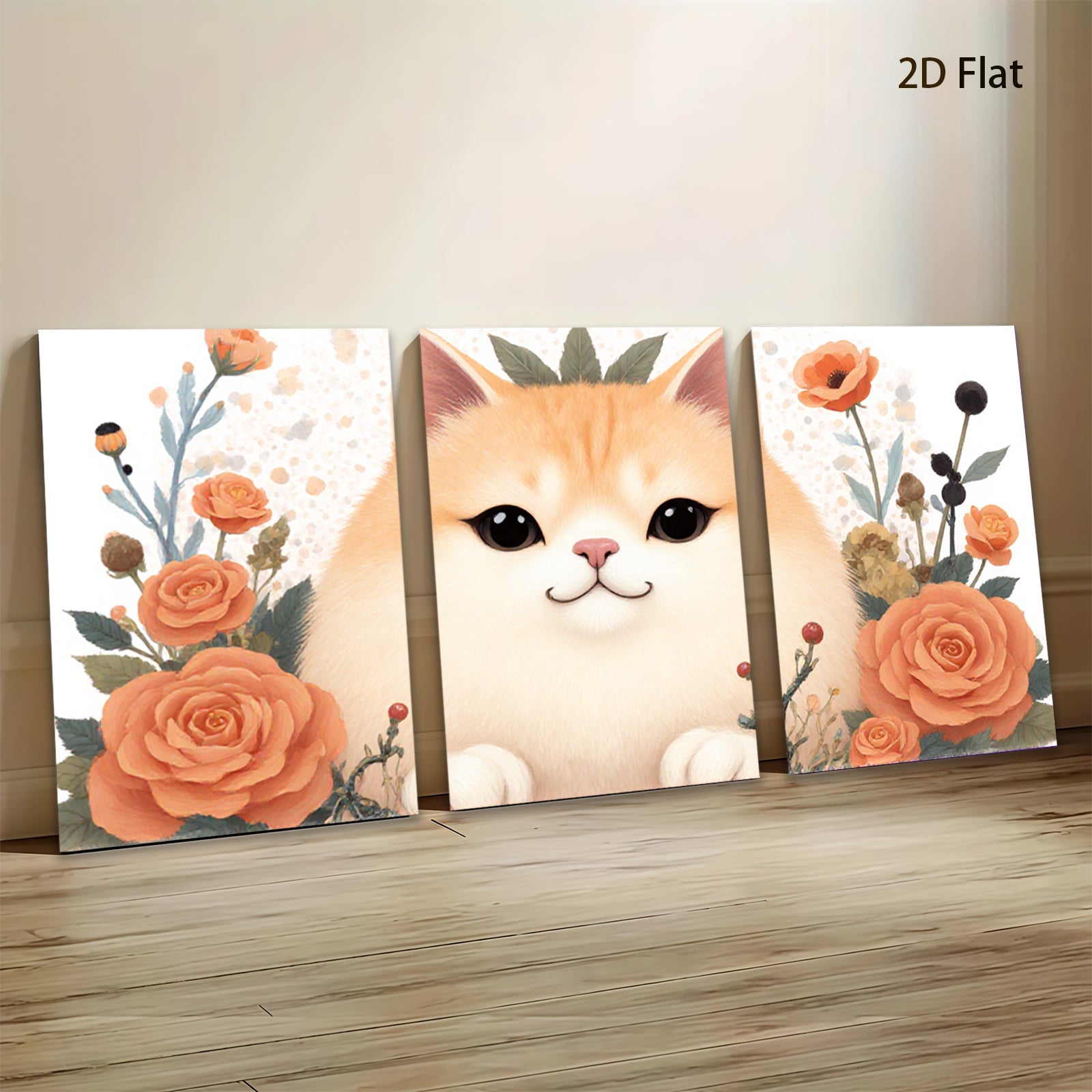 2D flat 1pc Sweet Kitten Floral Wall Art Canvas Prints for Living Room Bedroom Home Decor Modern Farmhouse Style Gallery Wrapped Ready to Hang
