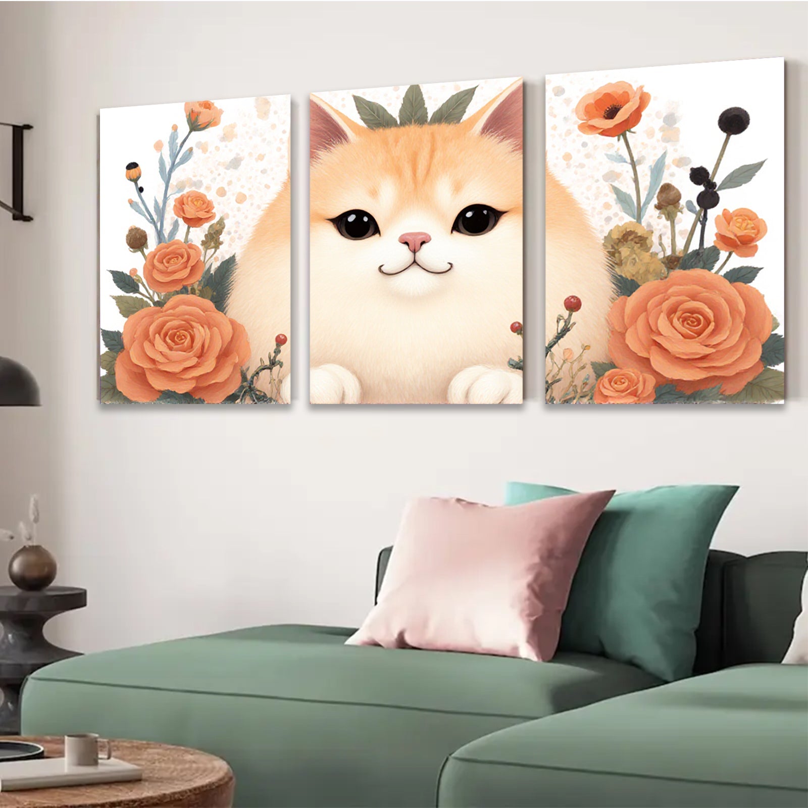 2D flat 1pc Sweet Kitten Floral Wall Art Canvas Prints for Living Room Bedroom Home Decor Modern Farmhouse Style Gallery Wrapped Ready to Hang