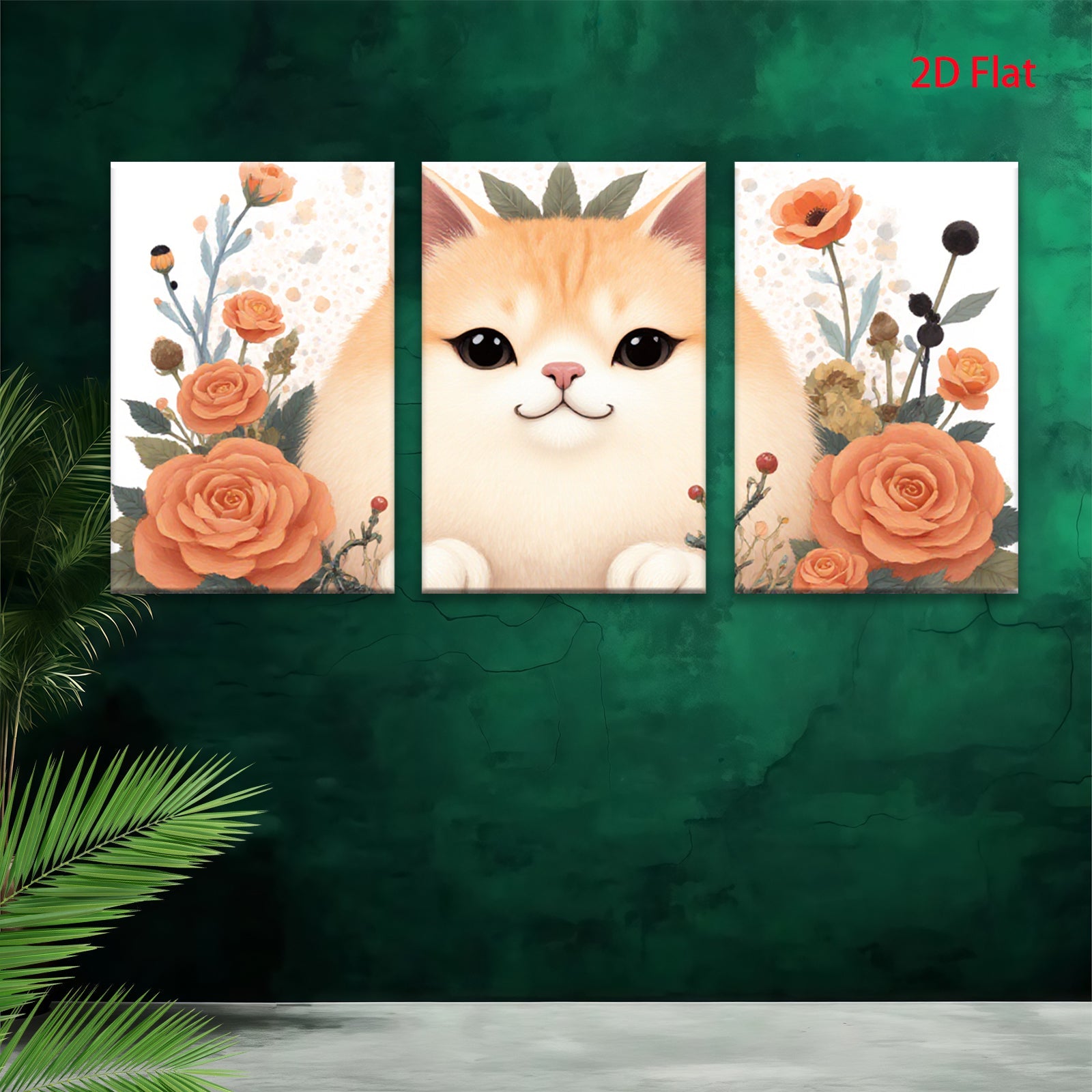 2D flat 1pc Sweet Kitten Floral Wall Art Canvas Prints for Living Room Bedroom Home Decor Modern Farmhouse Style Gallery Wrapped Ready to Hang