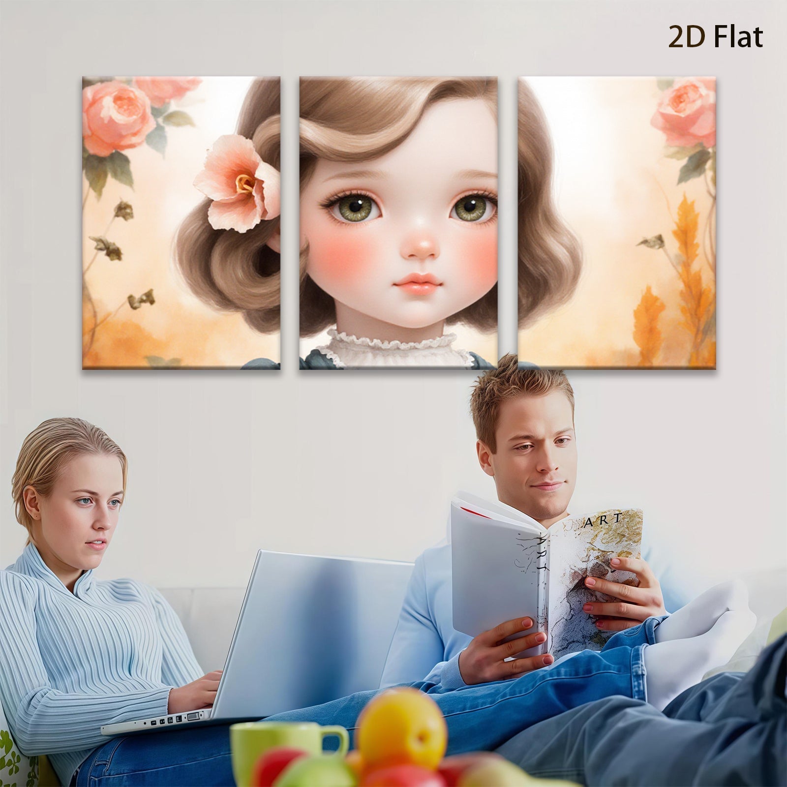 2D flat 1pc Sweet Little Girl Portrait Floral Wall Art Kids Room Decor Nursery Playroom Canvas Print Farmhouse Style Living Room Bedroom Home Decoration Modern Aesthetic Artwork
