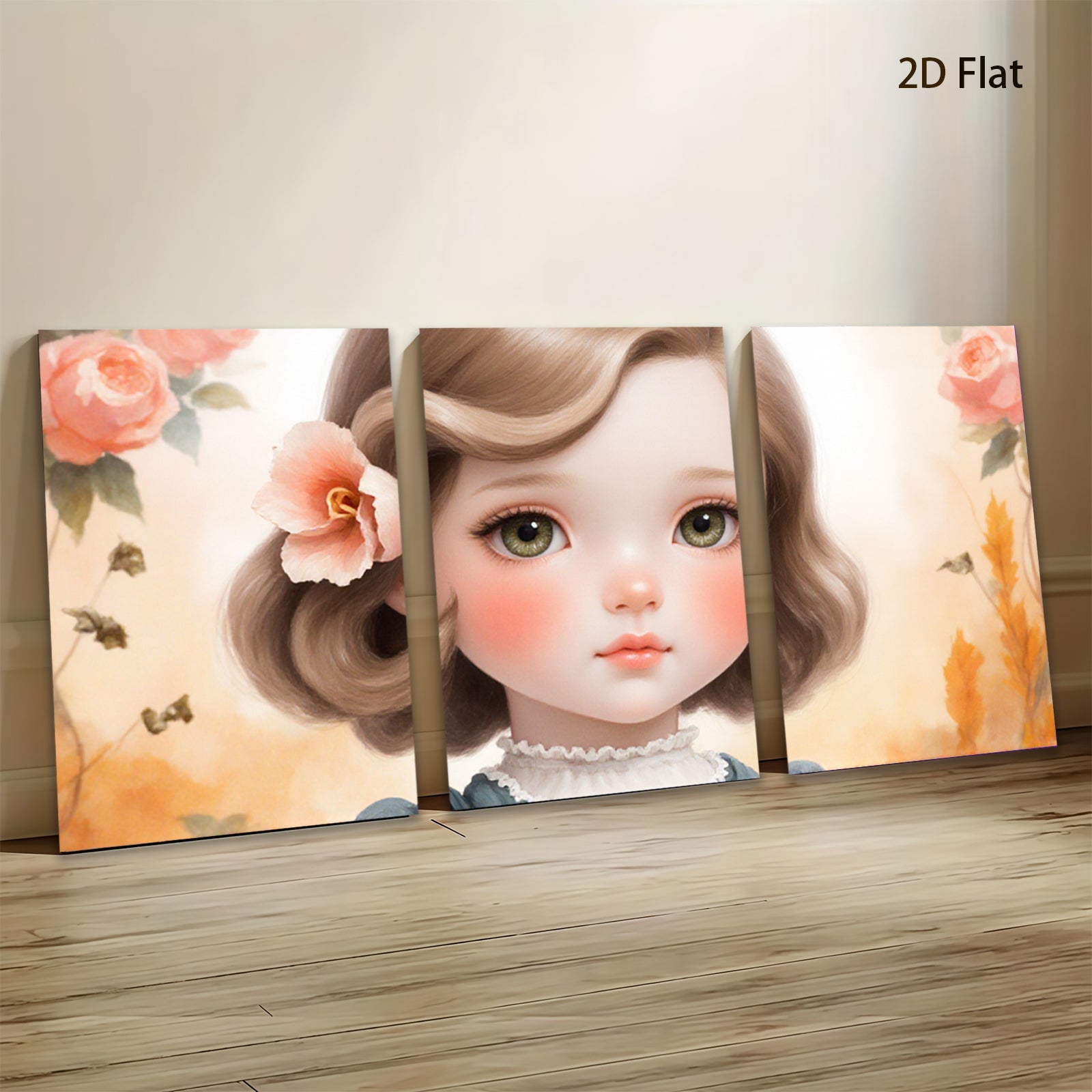 2D flat 1pc Sweet Little Girl Portrait Floral Wall Art Kids Room Decor Nursery Playroom Canvas Print Farmhouse Style Living Room Bedroom Home Decoration Modern Aesthetic Artwork