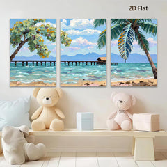 2D flat 1pc Tropical Beach Dock Ocean View Coastal Wall Art Living Room Bedroom Home Decor Modern Farmhouse Style Canvas Prints Ready to Hang