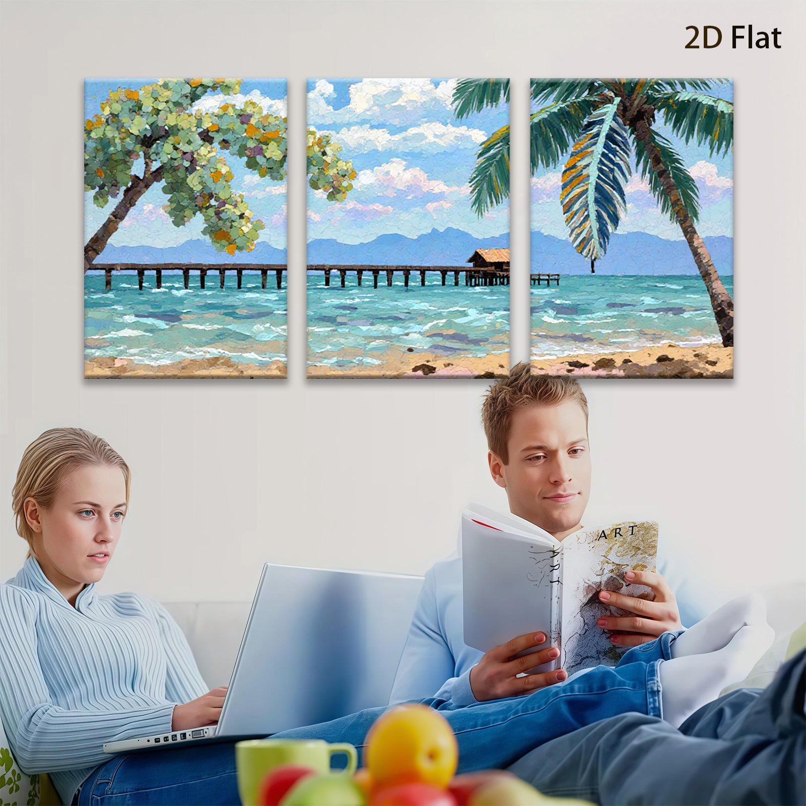 2D flat 1pc Tropical Beach Dock Ocean View Coastal Wall Art Living Room Bedroom Home Decor Modern Farmhouse Style Canvas Prints Ready to Hang