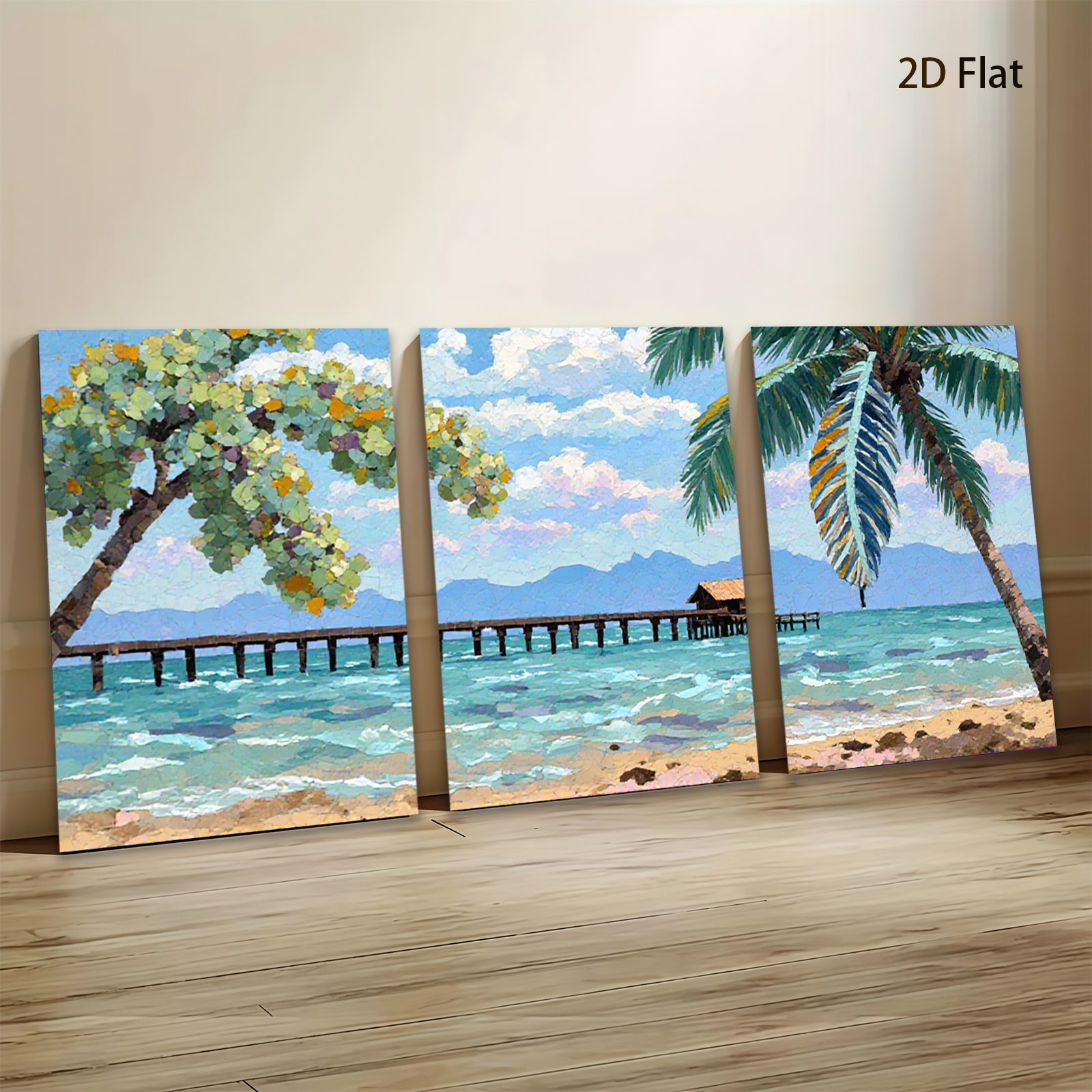 2D flat 1pc Tropical Beach Dock Ocean View Coastal Wall Art Living Room Bedroom Home Decor Modern Farmhouse Style Canvas Prints Ready to Hang