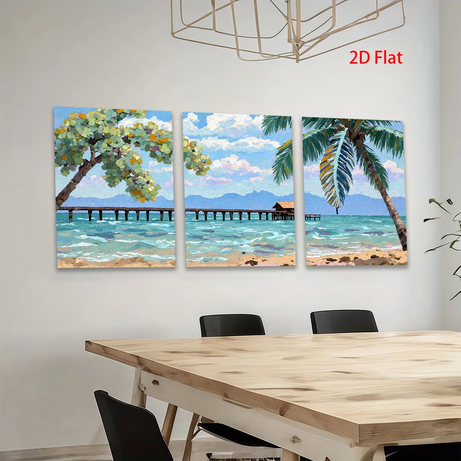 2D flat 1pc Tropical Beach Dock Ocean View Coastal Wall Art Living Room Bedroom Home Decor Modern Farmhouse Style Canvas Prints Ready to Hang