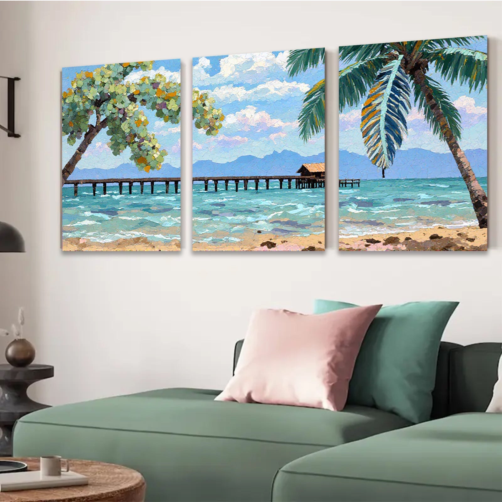 2D flat 1pc Tropical Beach Dock Ocean View Coastal Wall Art Living Room Bedroom Home Decor Modern Farmhouse Style Canvas Prints Ready to Hang