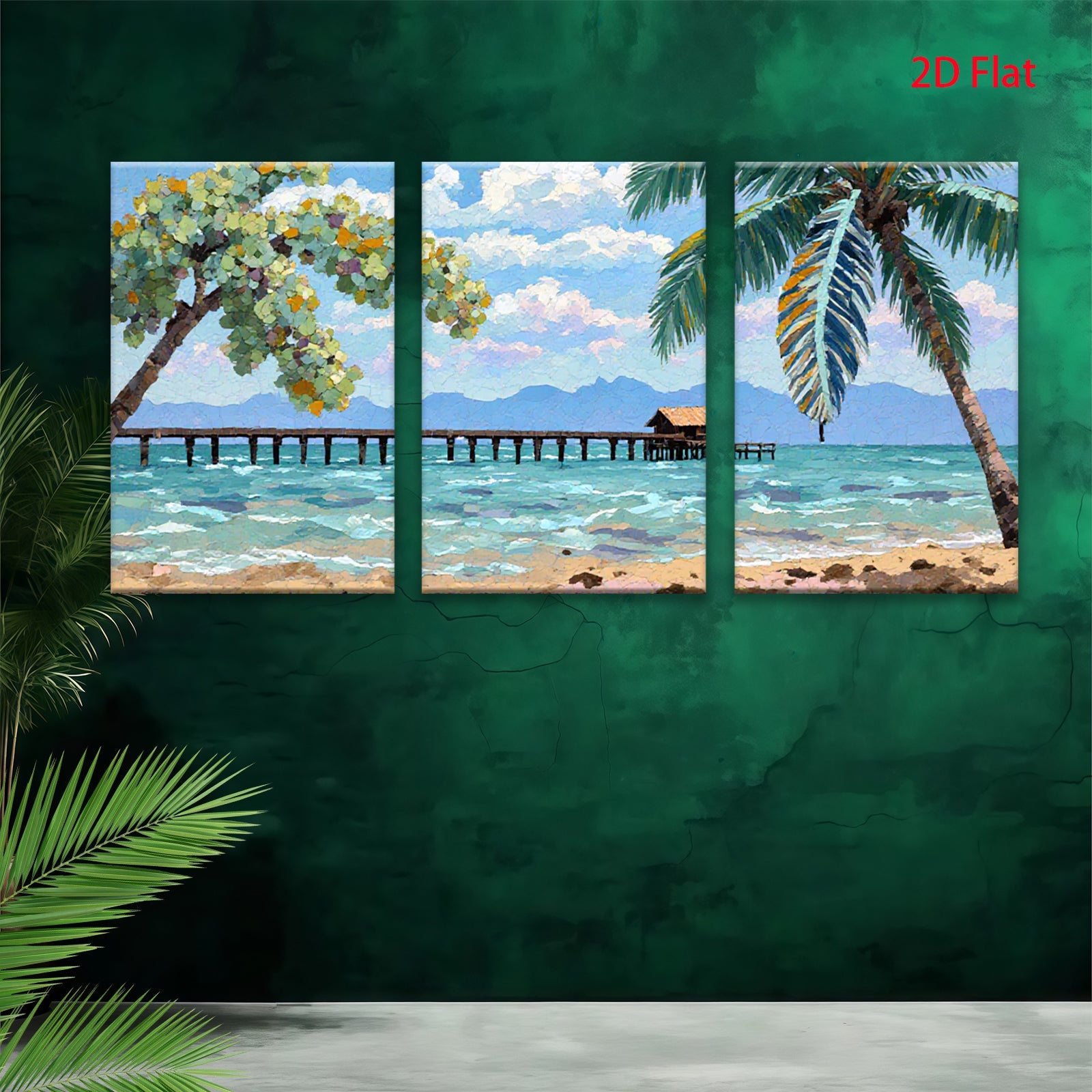 2D flat 1pc Tropical Beach Dock Ocean View Coastal Wall Art Living Room Bedroom Home Decor Modern Farmhouse Style Canvas Prints Ready to Hang