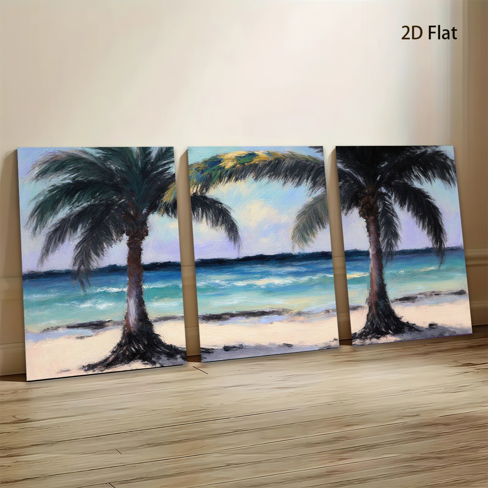 2D flat 1pc Tropical Beach Palm Trees Coastal Ocean View Wall Art Decor for Living Room Bedroom Modern Farmhouse Gallery Wrapped Canvas Prints Ready to Hang