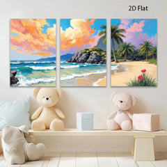 2D flat 1pc Tropical Beach Palm Trees Ocean Waves Coastal Wall Art Living Room Bedroom Decor Modern Canvas Print Frameless Art