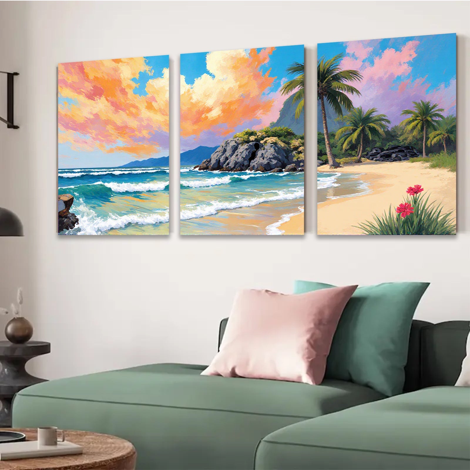 2D flat 1pc Tropical Beach Palm Trees Ocean Waves Coastal Wall Art Living Room Bedroom Decor Modern Canvas Print Frameless Art