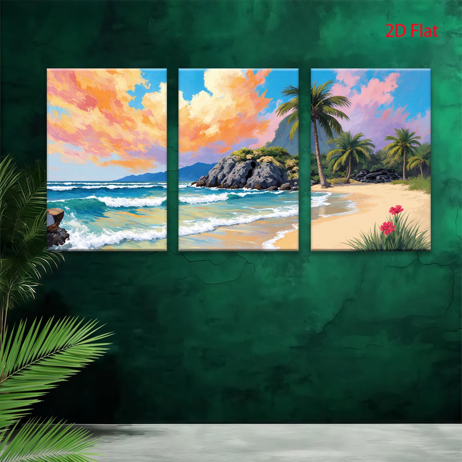 2D flat 1pc Tropical Beach Palm Trees Ocean Waves Coastal Wall Art Living Room Bedroom Decor Modern Canvas Print Frameless Art