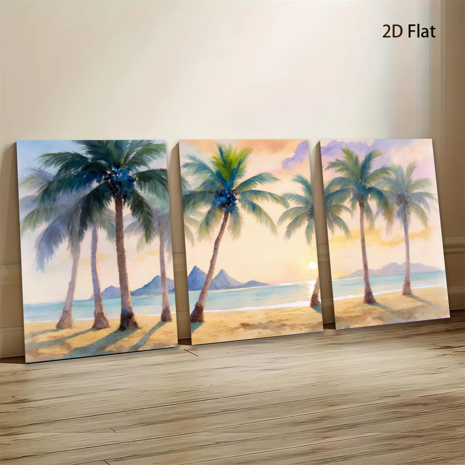 2D flat 1pc Tropical Beach Palm Trees Sunset Ocean Coastal Wall Art Living Room Bedroom Decor Modern Farmhouse Style Gallery Wrapped Canvas Prints