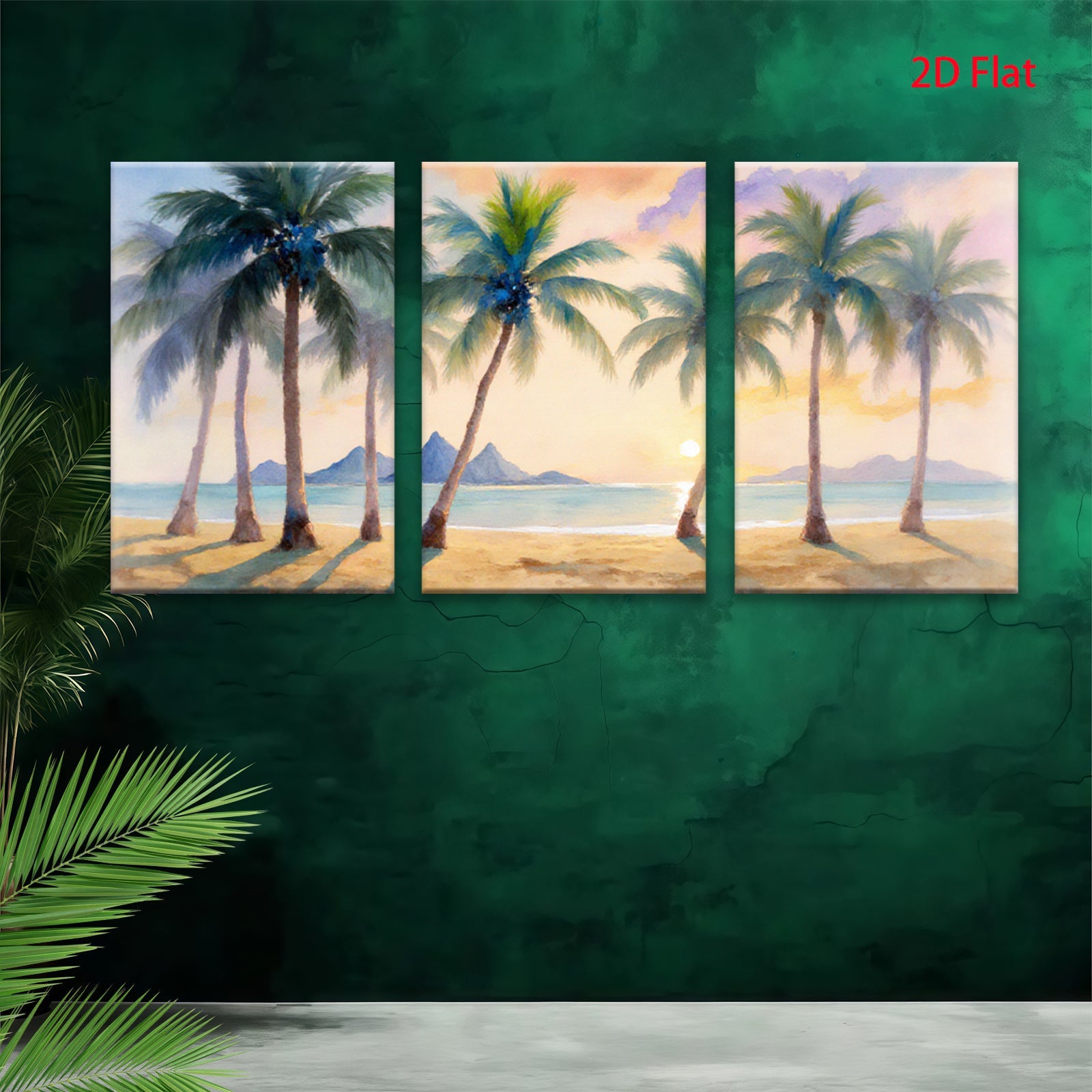 2D flat 1pc Tropical Beach Palm Trees Sunset Ocean Coastal Wall Art Living Room Bedroom Decor Modern Farmhouse Style Gallery Wrapped Canvas Prints