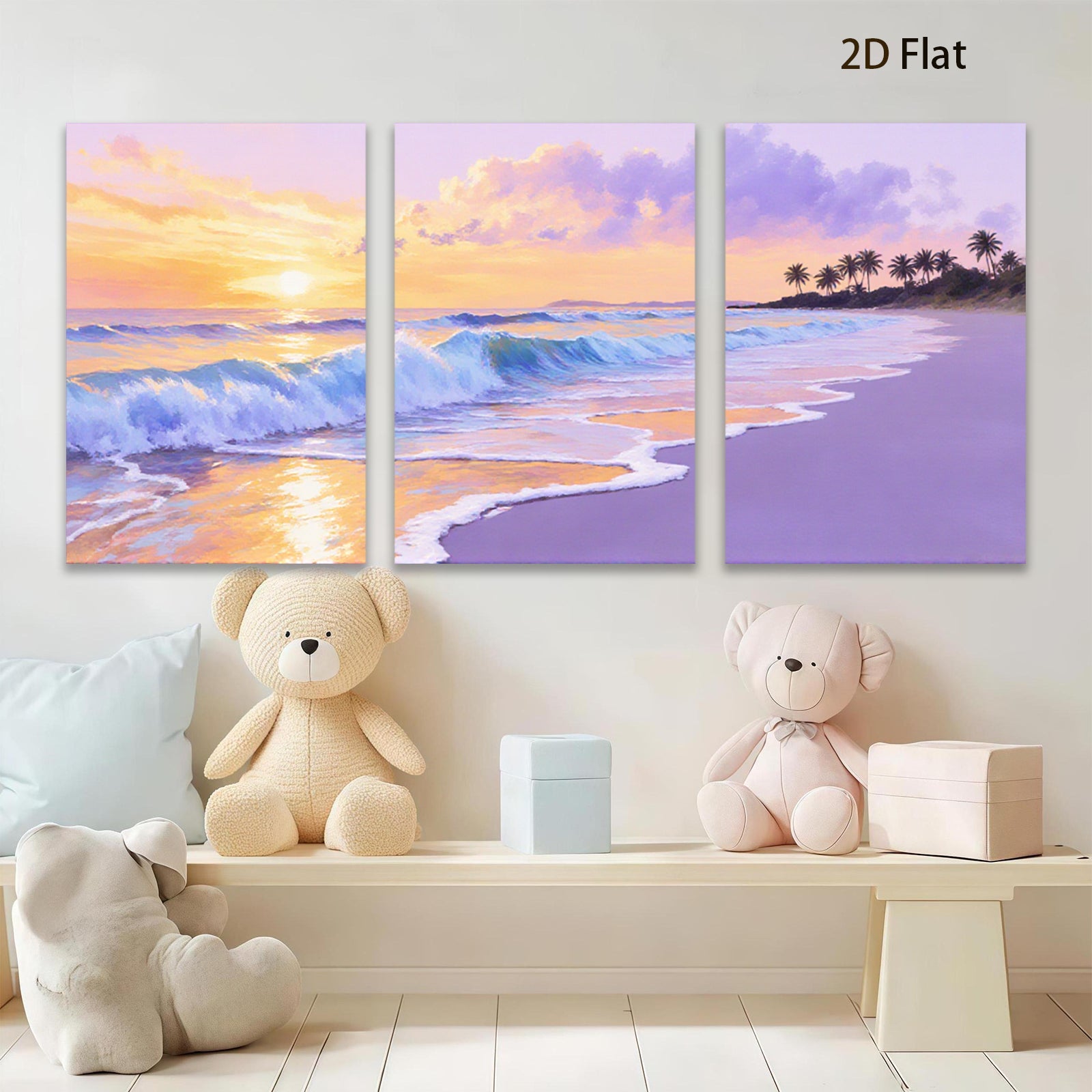 2D flat 1pc Tropical Beach Sunset Ocean Waves Coastal Wall Art Living Room Bedroom Decor Canvas Prints Large Size Modern Farmhouse Style Gallery Wrapped Ready to Hang