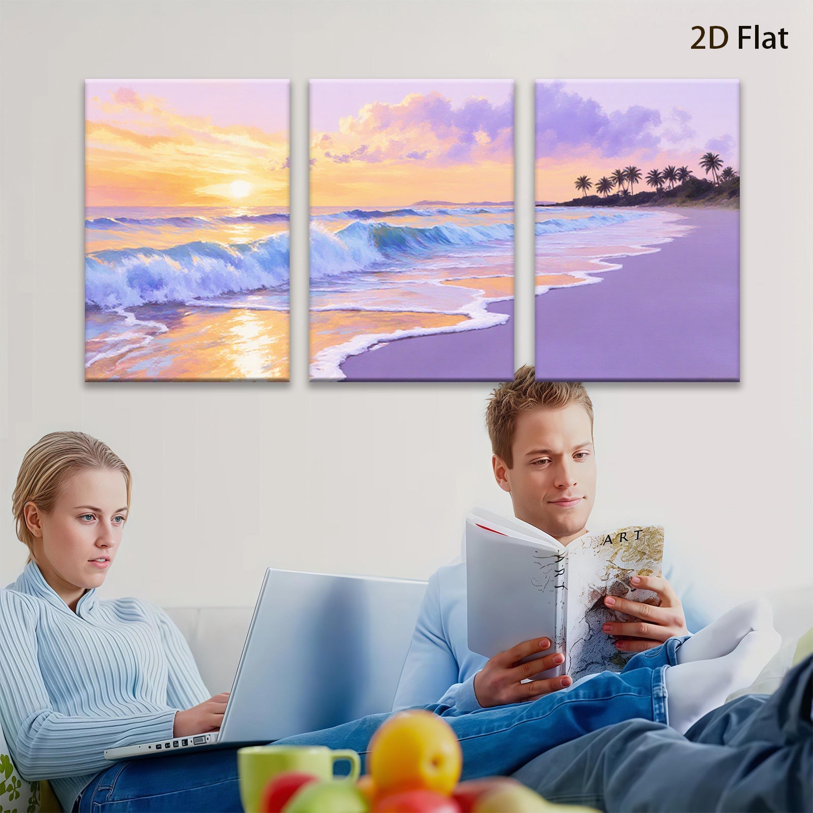 2D flat 1pc Tropical Beach Sunset Ocean Waves Coastal Wall Art Living Room Bedroom Decor Canvas Prints Large Size Modern Farmhouse Style Gallery Wrapped Ready to Hang