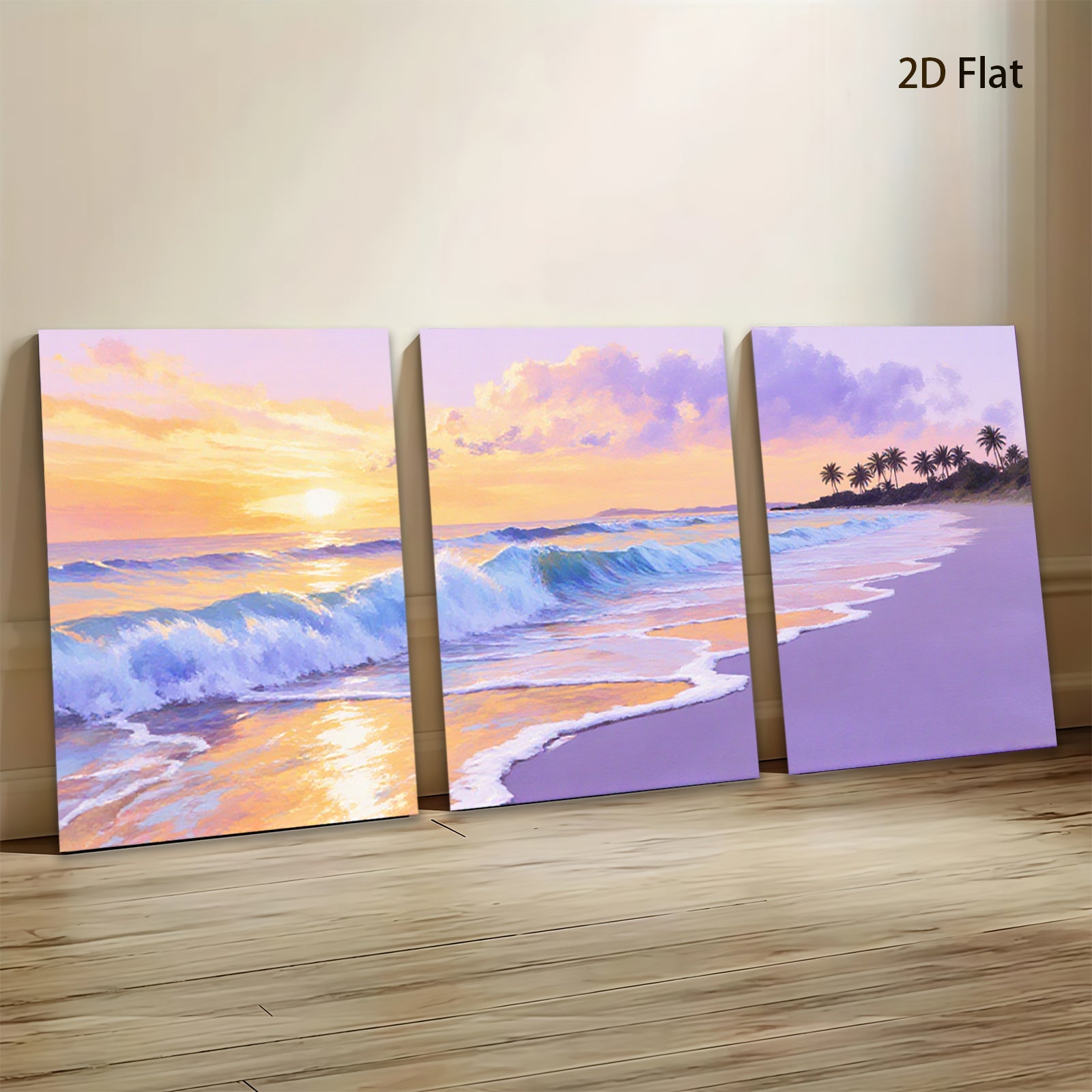 2D flat 1pc Tropical Beach Sunset Ocean Waves Coastal Wall Art Living Room Bedroom Decor Canvas Prints Large Size Modern Farmhouse Style Gallery Wrapped Ready to Hang