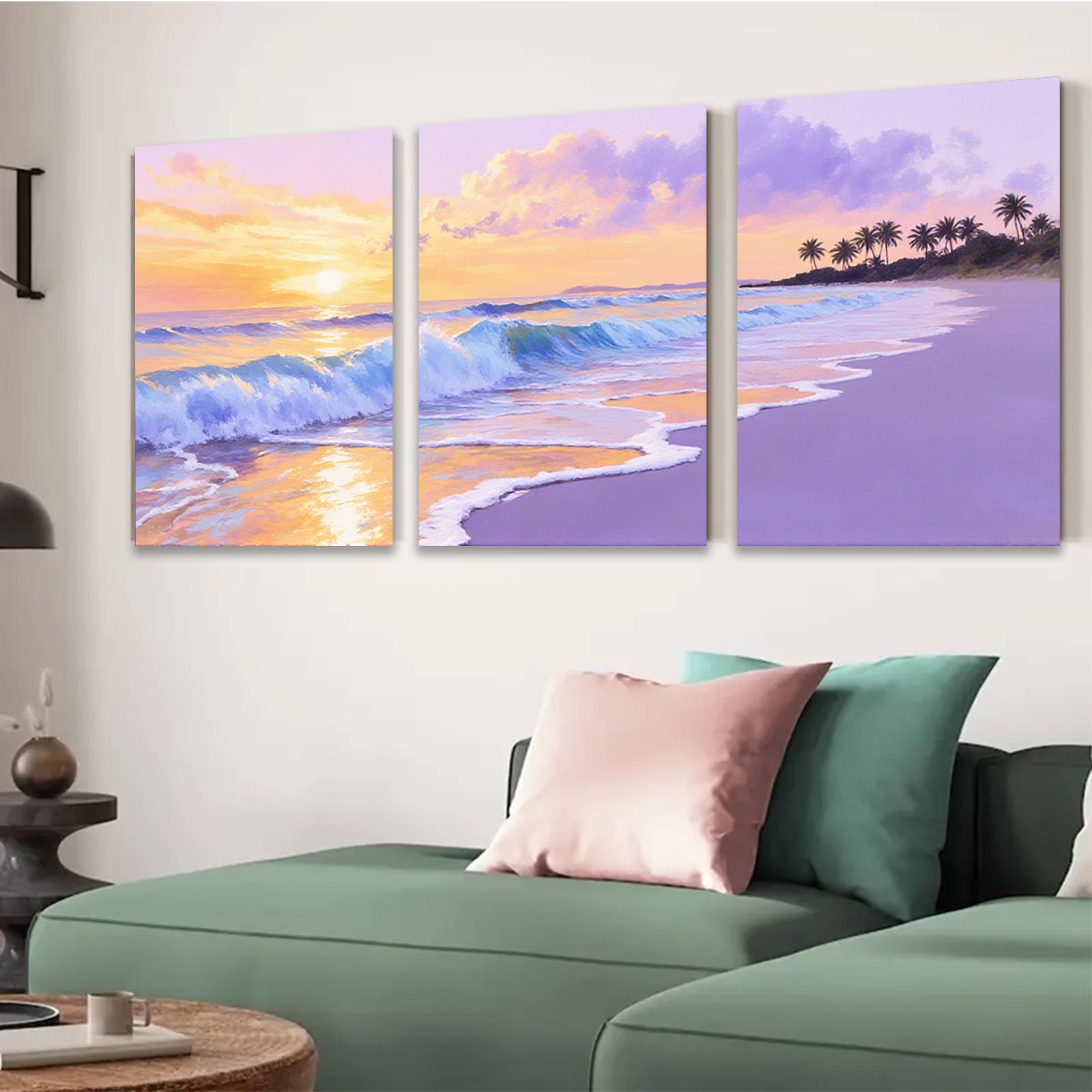 2D flat 1pc Tropical Beach Sunset Ocean Waves Coastal Wall Art Living Room Bedroom Decor Canvas Prints Large Size Modern Farmhouse Style Gallery Wrapped Ready to Hang