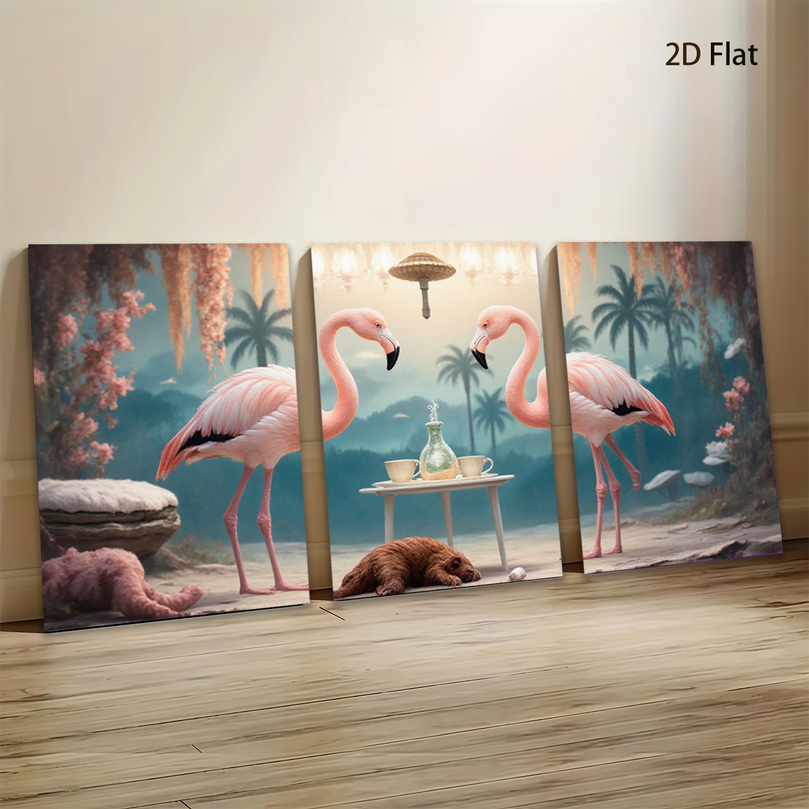 2D flat 1pc Tropical Flamingo Tea Party Whimsical Wall Art Living Room Bedroom Decor Farmhouse Style Canvas Prints Modern Home Decorations