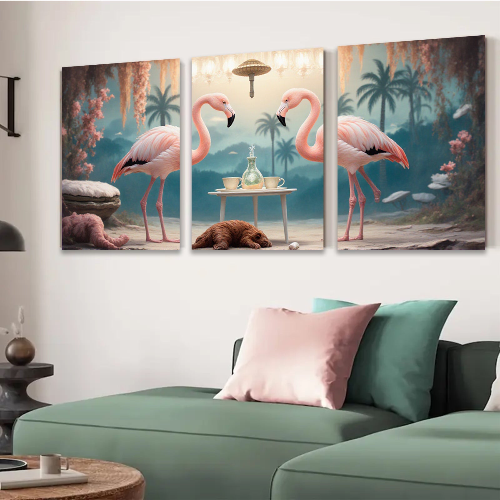 2D flat 1pc Tropical Flamingo Tea Party Whimsical Wall Art Living Room Bedroom Decor Farmhouse Style Canvas Prints Modern Home Decorations