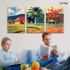 2D flat 1pc Tropical Homestead Scene Lush Garden Vibrant Colors Farmhouse Wall Decor Living Room Bedroom Office Modern Art Canvas Print Framed