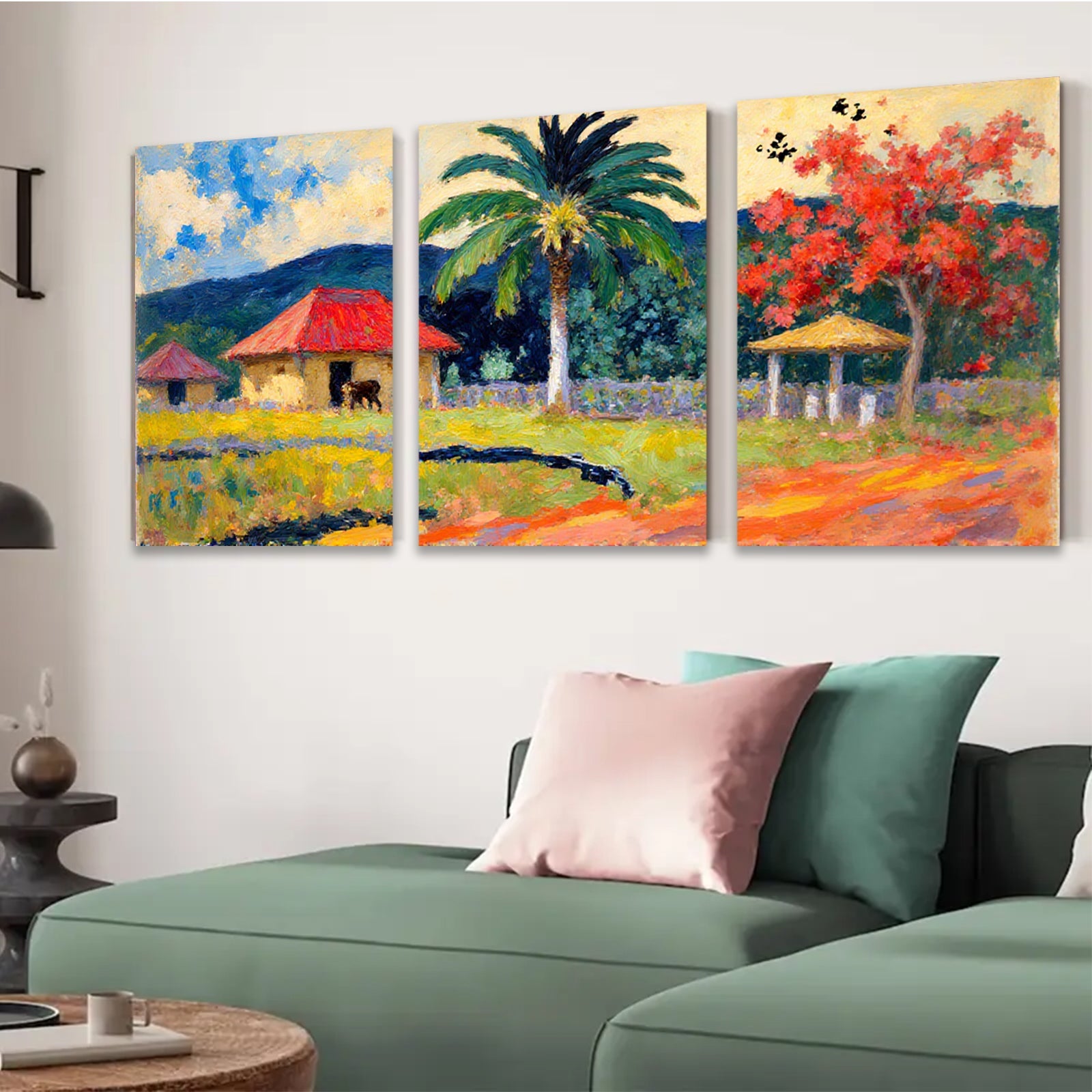 2D flat 1pc Tropical Homestead Scene Lush Garden Vibrant Colors Farmhouse Wall Decor Living Room Bedroom Office Modern Art Canvas Print Framed