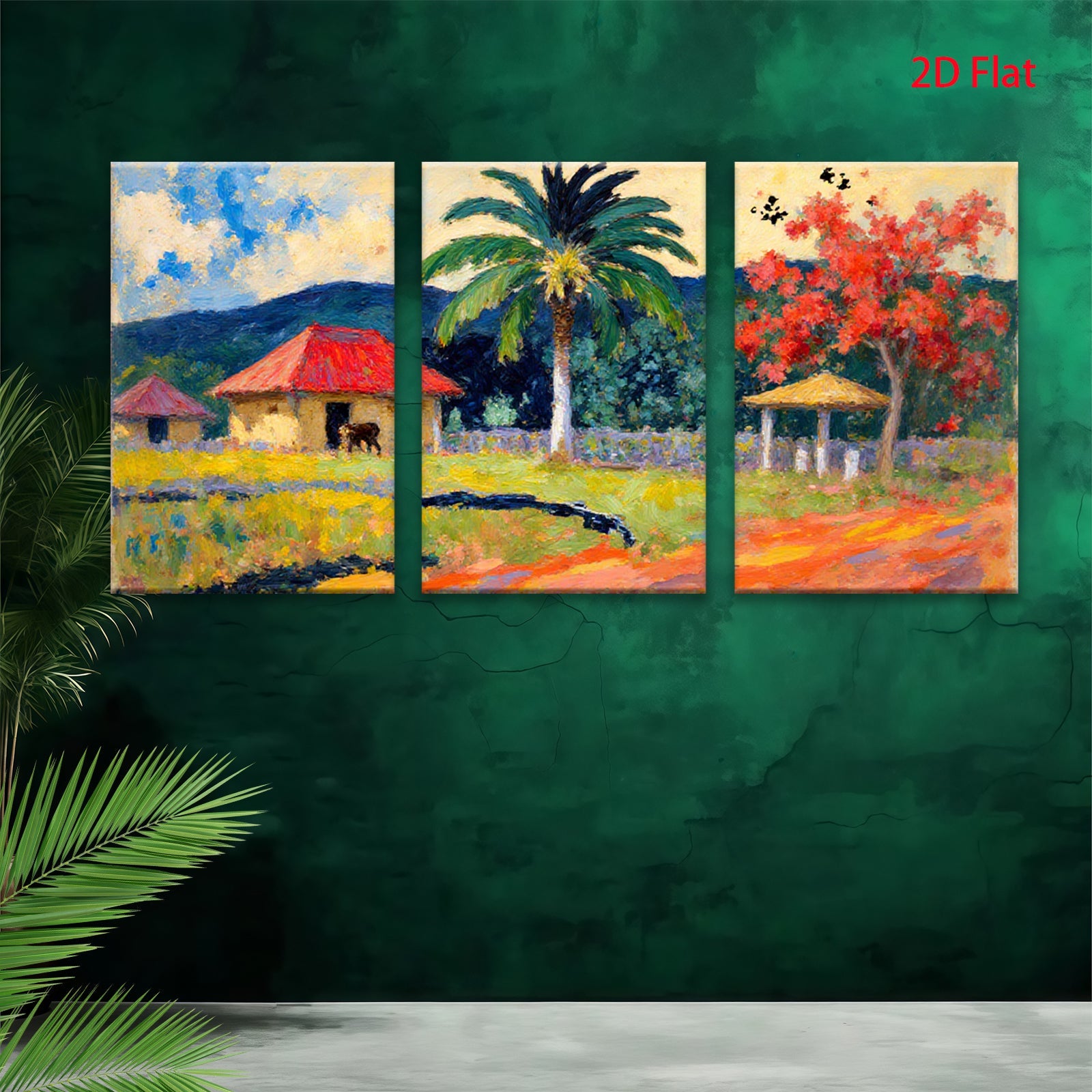 2D flat 1pc Tropical Homestead Scene Lush Garden Vibrant Colors Farmhouse Wall Decor Living Room Bedroom Office Modern Art Canvas Print Framed