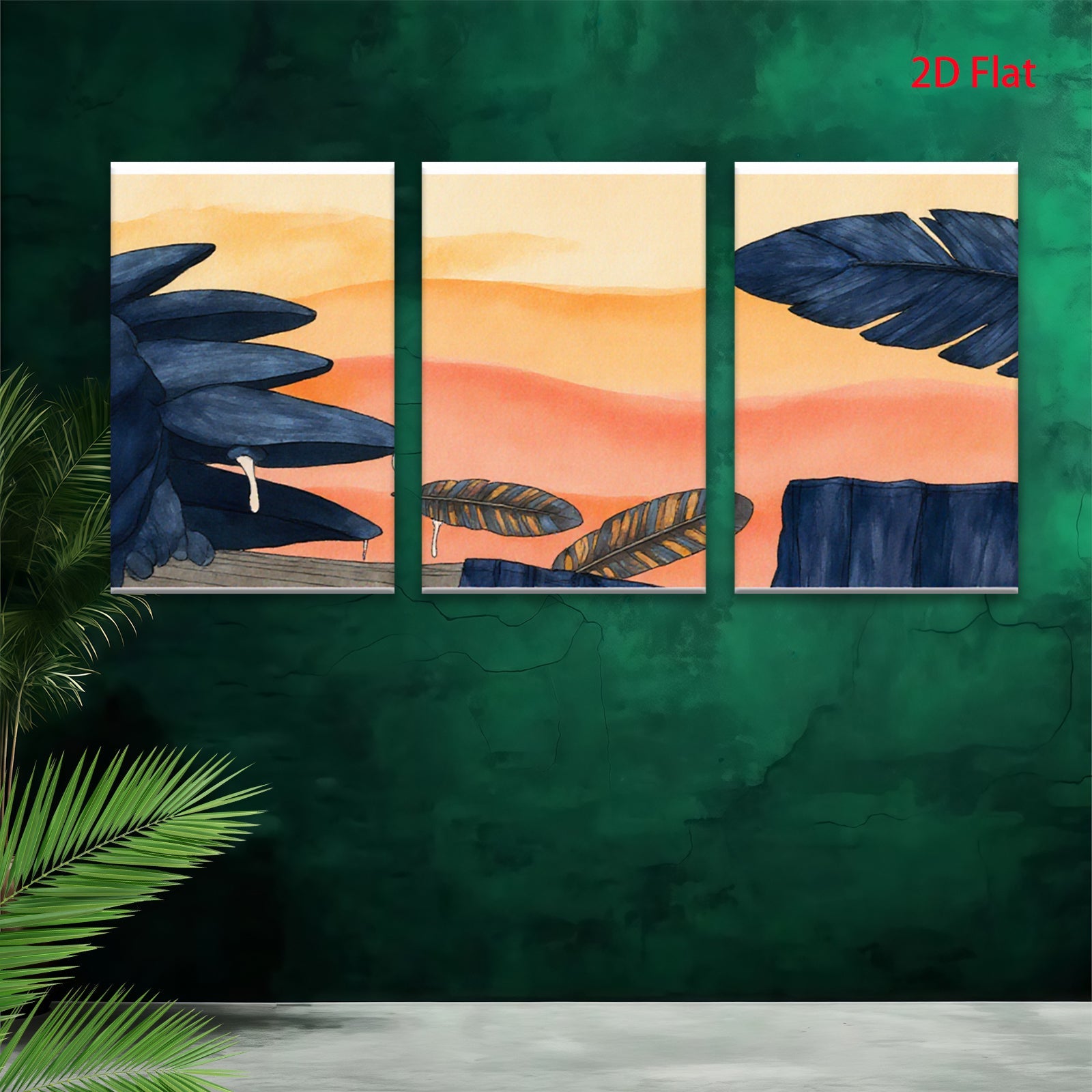 2D flat 1pc Tropical Leaves Sunset Wall Art Canvas Prints for Living Room Bedroom Home Decor Modern Farmhouse Aesthetic Gallery Wrapped Ready to Hang