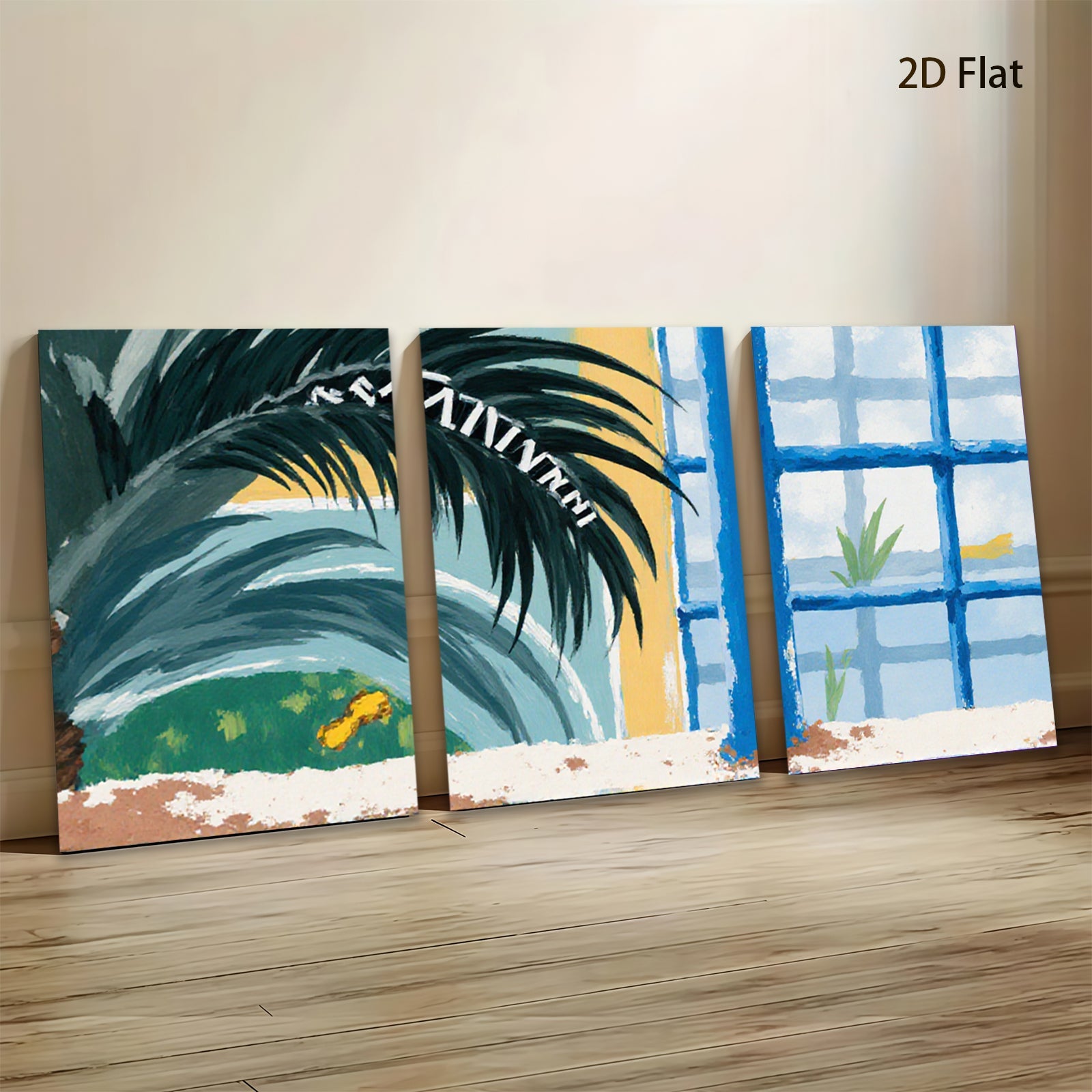 2D flat 1pc Tropical Palm Fronds Blue Window Coastal Beach Wall Decor Living Room Bedroom Modern Farmhouse Canvas Prints Gallery Wrapped Art