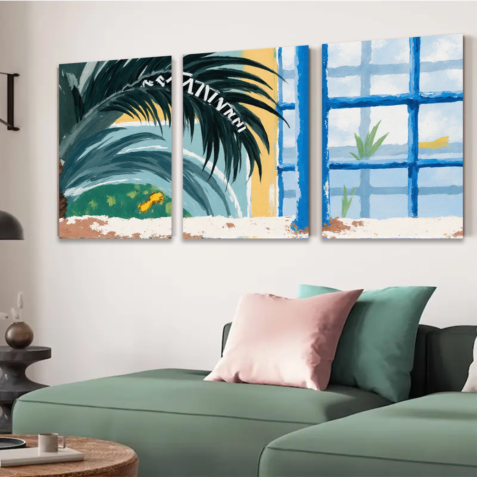 2D flat 1pc Tropical Palm Fronds Blue Window Coastal Beach Wall Decor Living Room Bedroom Modern Farmhouse Canvas Prints Gallery Wrapped Art