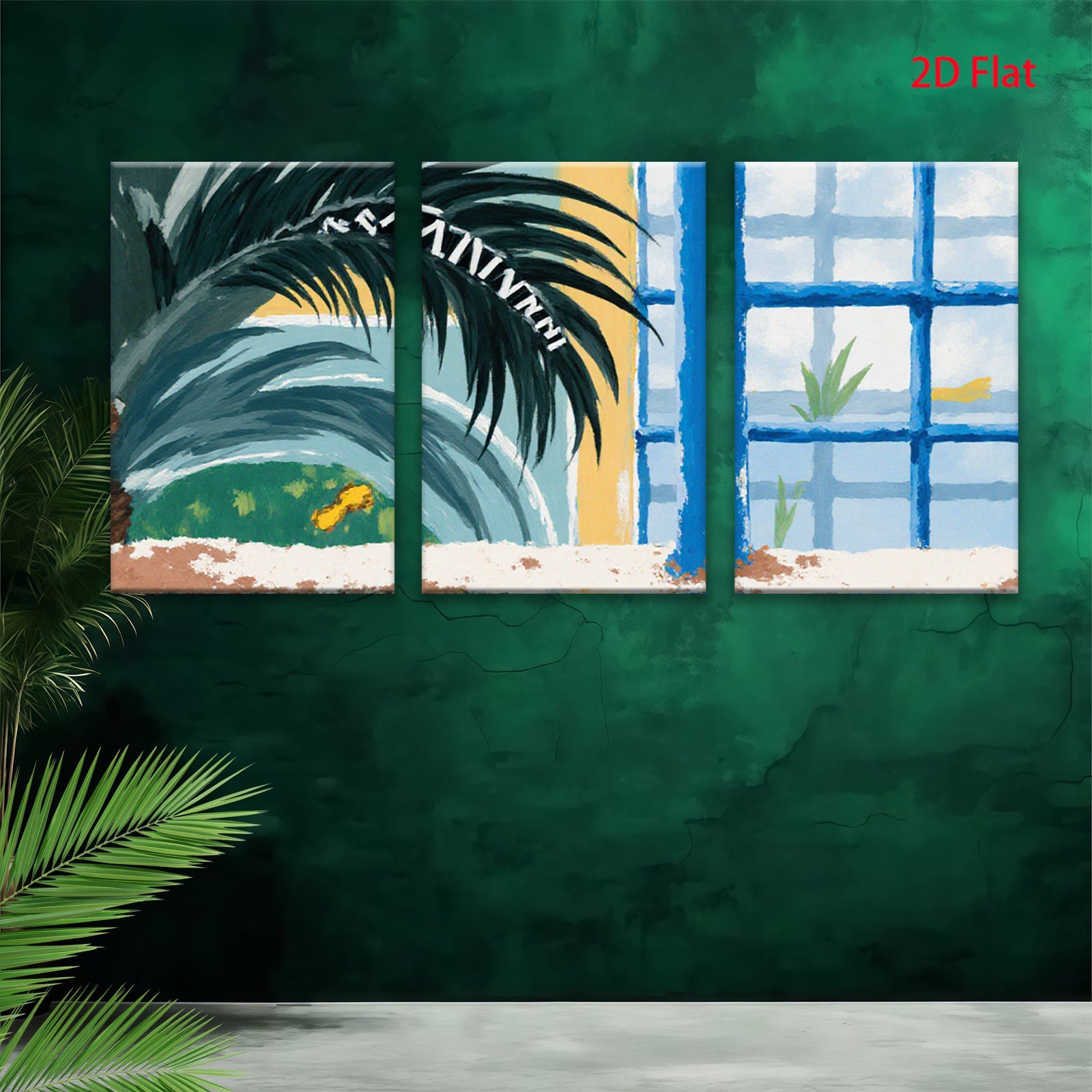 2D flat 1pc Tropical Palm Fronds Blue Window Coastal Beach Wall Decor Living Room Bedroom Modern Farmhouse Canvas Prints Gallery Wrapped Art