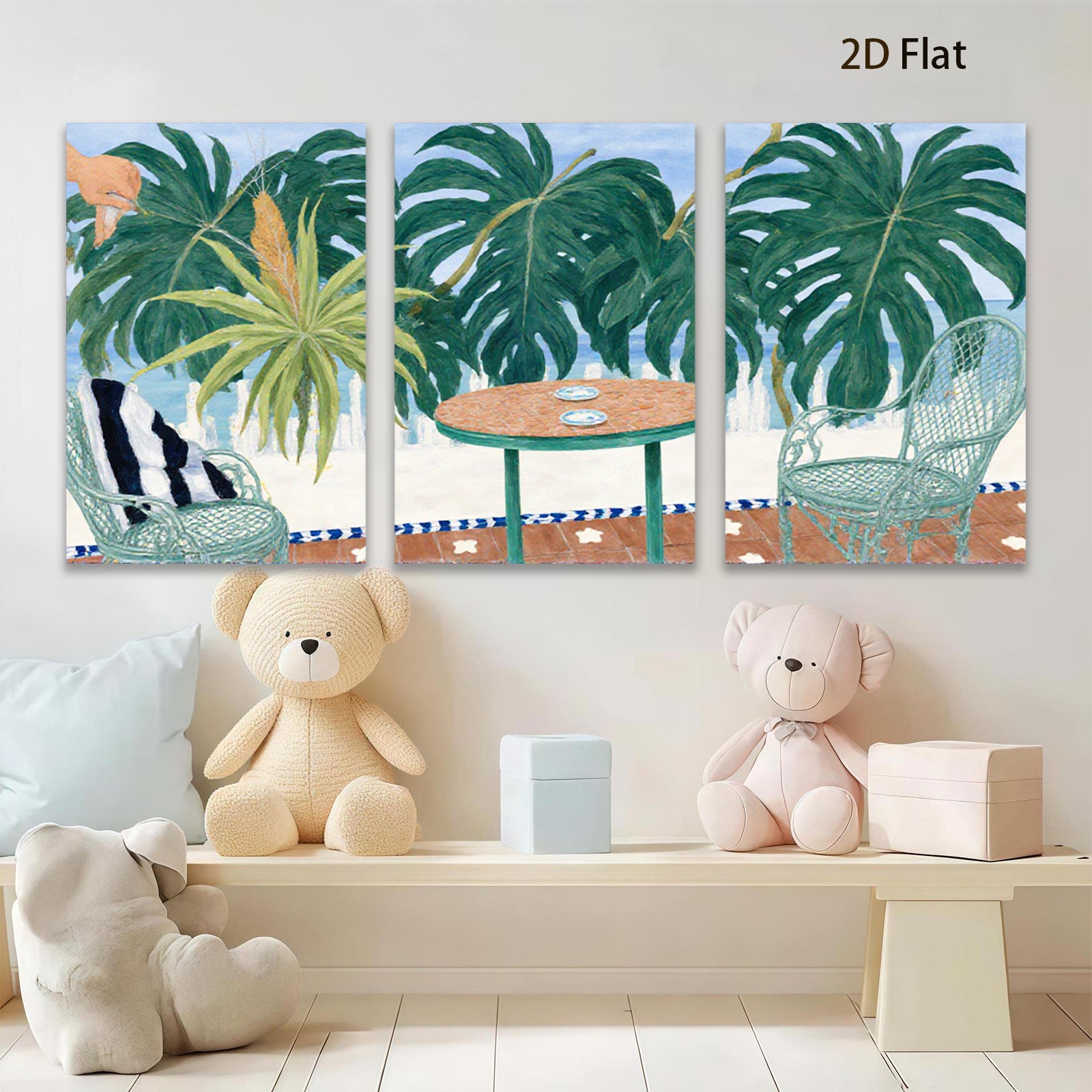 2D flat 1pc Tropical Patio Scene with Palm Fronds vibrant colors living room bedroom gallery wall decor farmhouse style