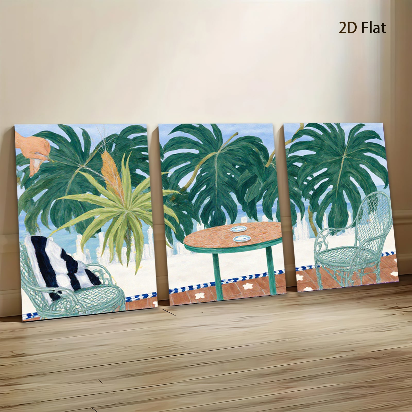 2D flat 1pc Tropical Patio Scene with Palm Fronds vibrant colors living room bedroom gallery wall decor farmhouse style