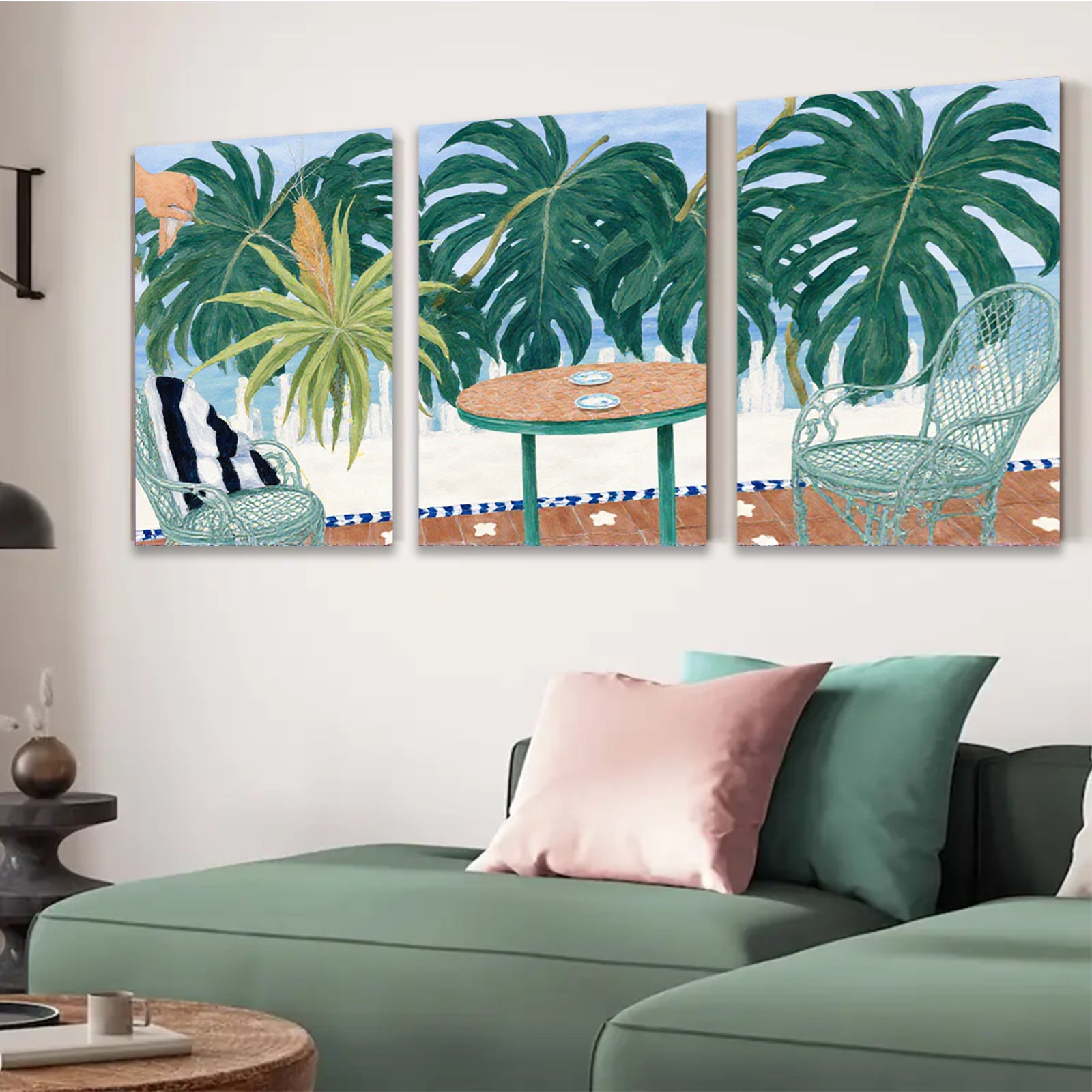 2D flat 1pc Tropical Patio Scene with Palm Fronds vibrant colors living room bedroom gallery wall decor farmhouse style