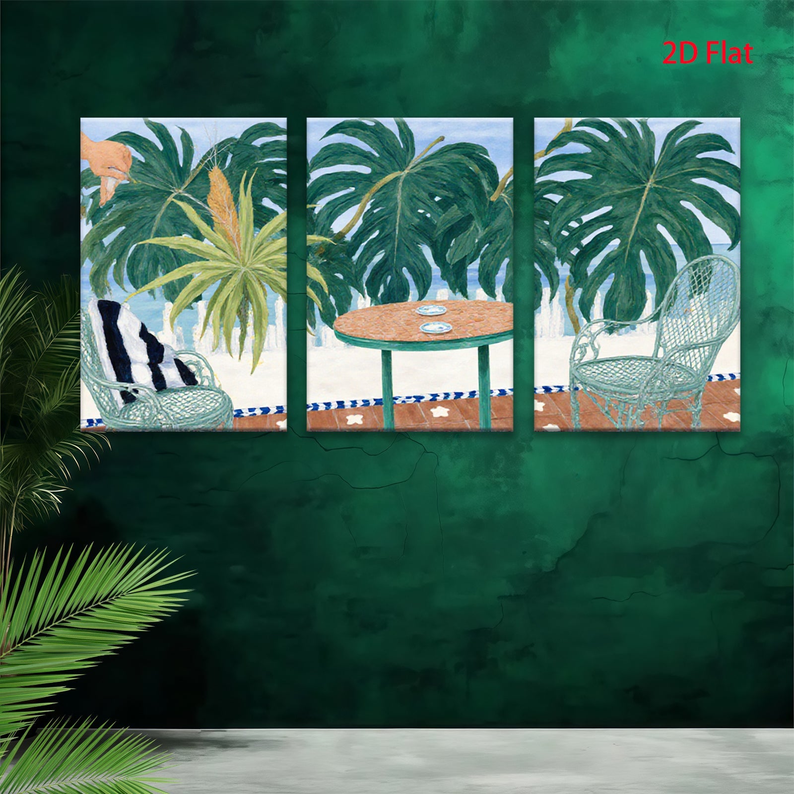 2D flat 1pc Tropical Patio Scene with Palm Fronds vibrant colors living room bedroom gallery wall decor farmhouse style