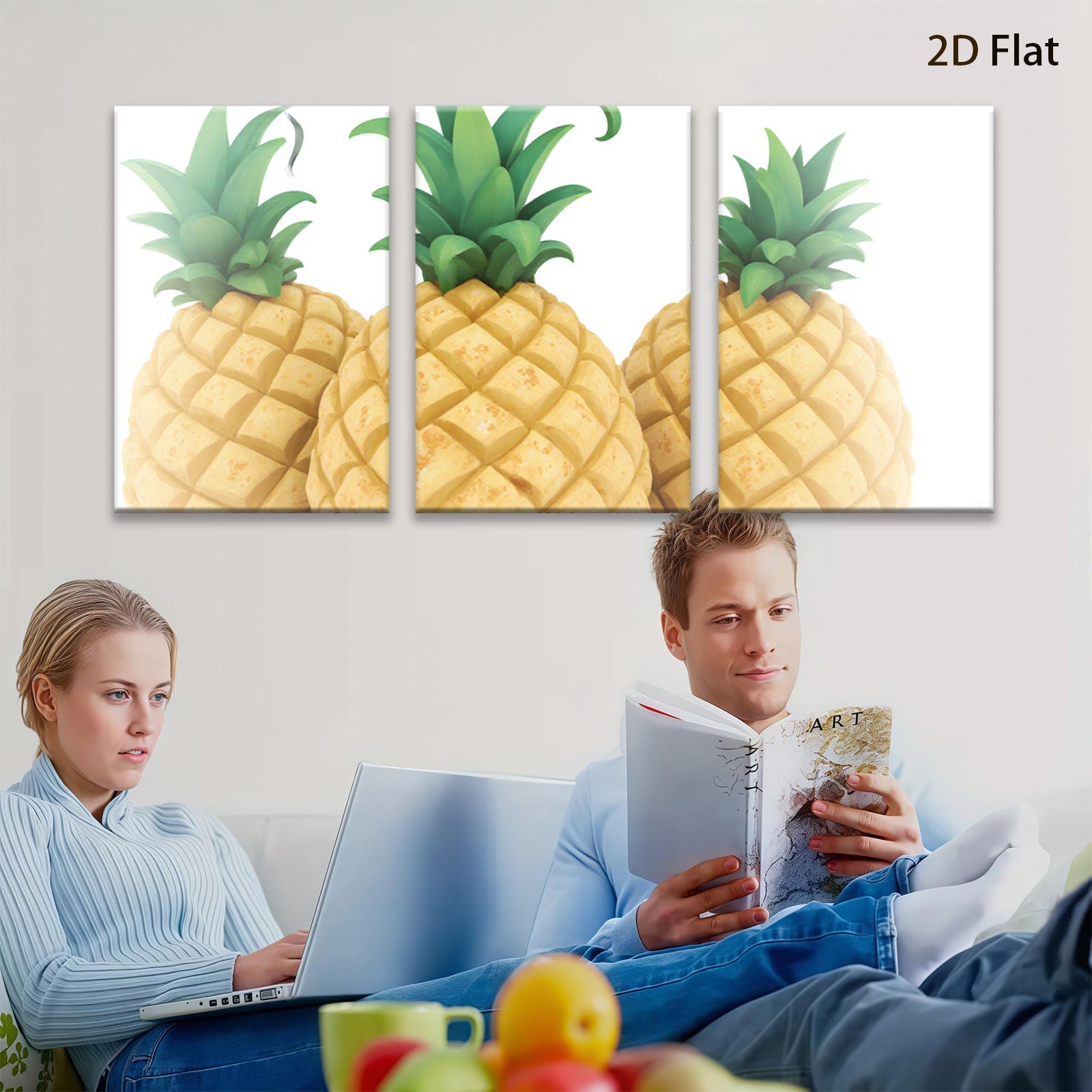 2D flat 1pc Tropical Pineapples Vibrant Kitchen Wall Decor Modern Farmhouse Living Room Canvas Print Coastal Beach Artwork Gallery Wrapped Ready to Hang